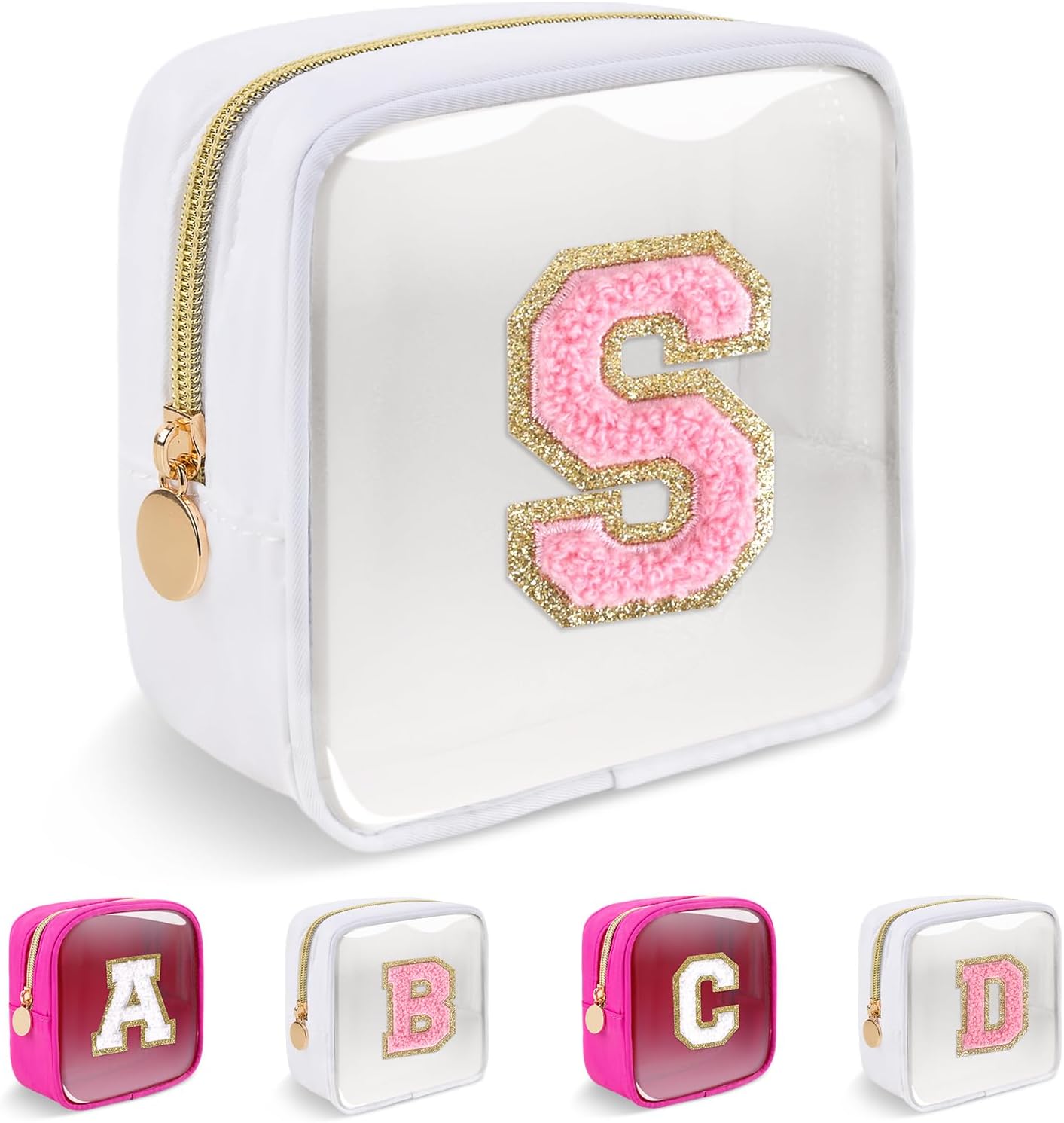Personalized Initial Letter Clear Preppy Makeup Bag,Mini Nylon Chenille Letter Cosmetic Bag Cute Zipper Pouch Purse for Teen Girls,Portable TSA Approved Beach Travel Essentials Bag Gift for Women,S