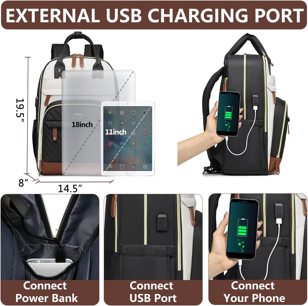 Laptop Backpack for Women Work Bookbag: 18 Inch College Backpacks with USB Charger School Book Bag Waterproof Travel Back Pack Anti-Theft Casual Bookbags for Girls Teacher Nurse Beige Black Brown