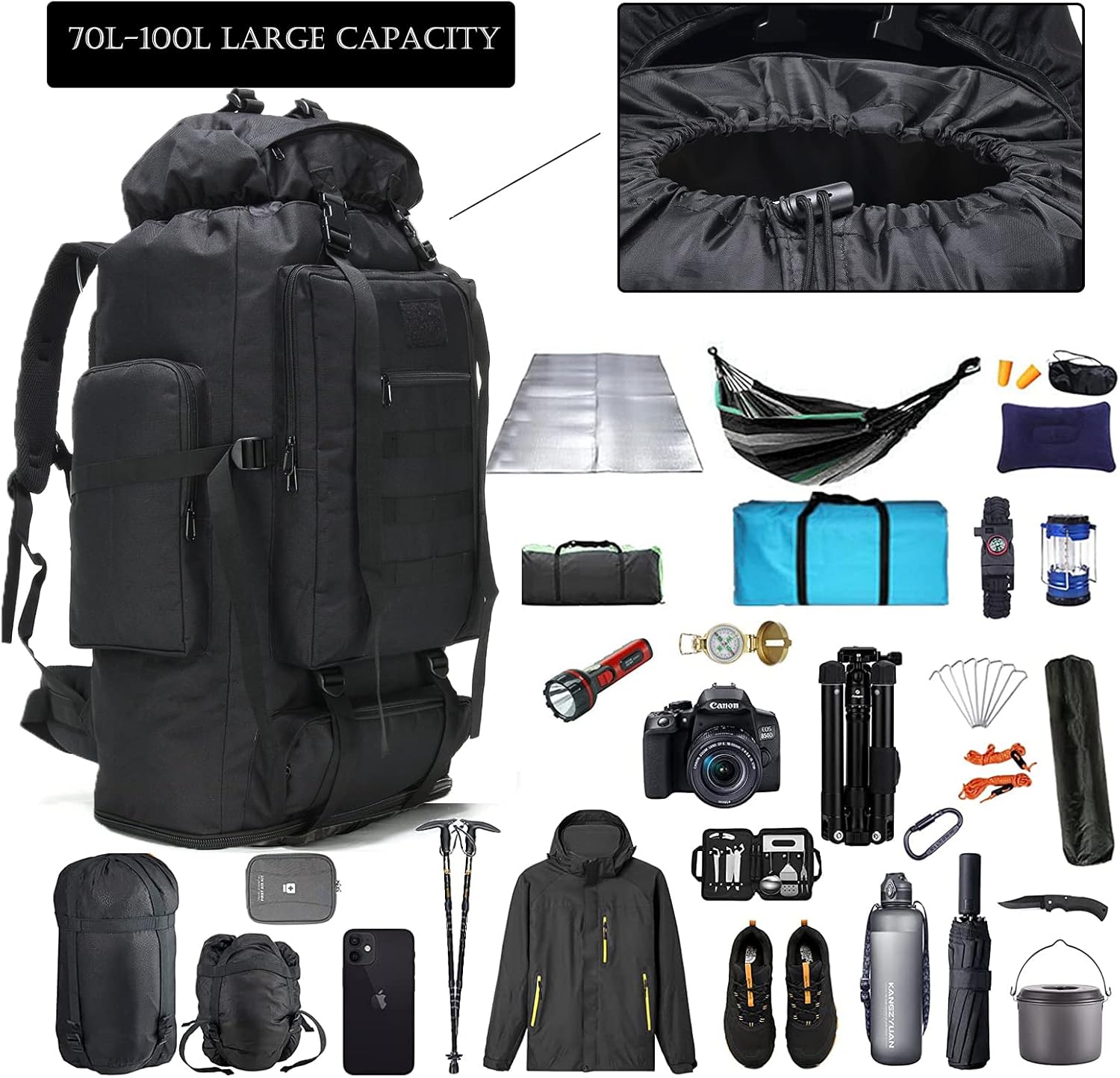 Hiking Backpack for Men 70L/100L Camping Backpack Military Rucksack Molle 3 Days Assault Pack for