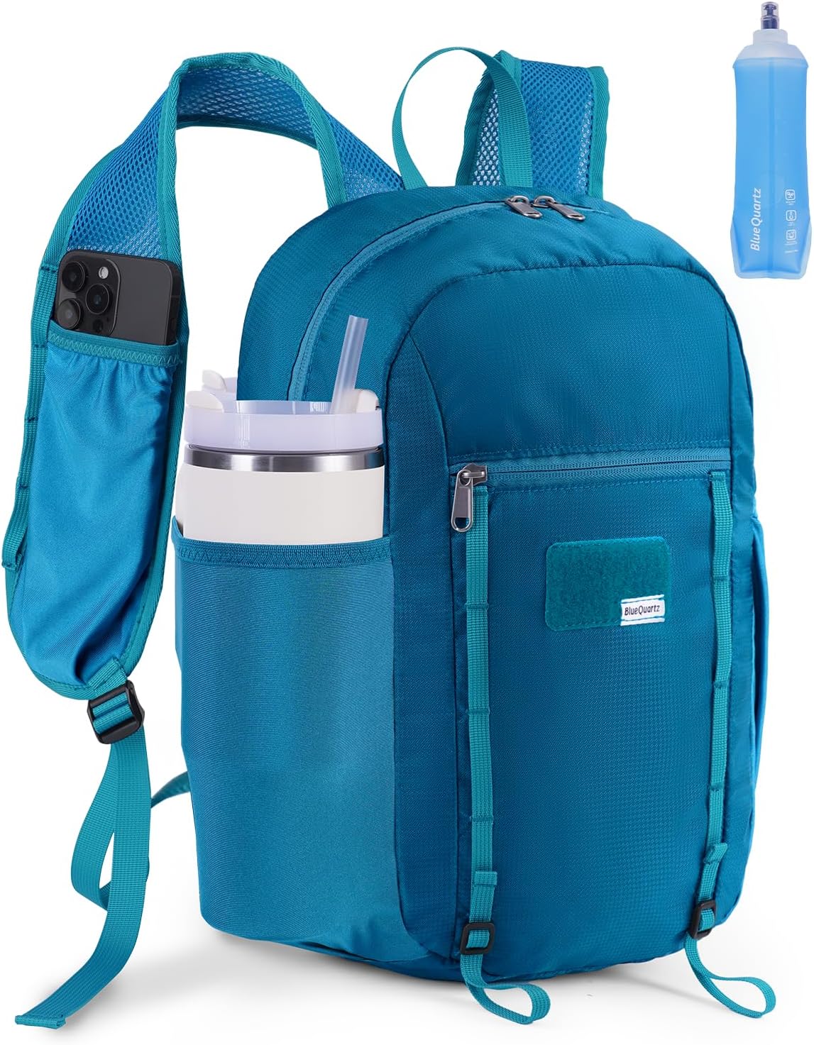 Blue Quartz 15L Hiking Backpack with Soft Flask, Ultralight Hiking Daypack with Chest Pockets for Women Men, Lightweight Foldable Packable BackPack With Chest Strap (patent pending)