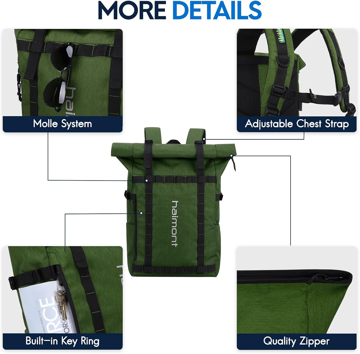 Haimont Rolltop Backpack Commuter Carry on Backpack for Women Men Water-Resistant Daypack with