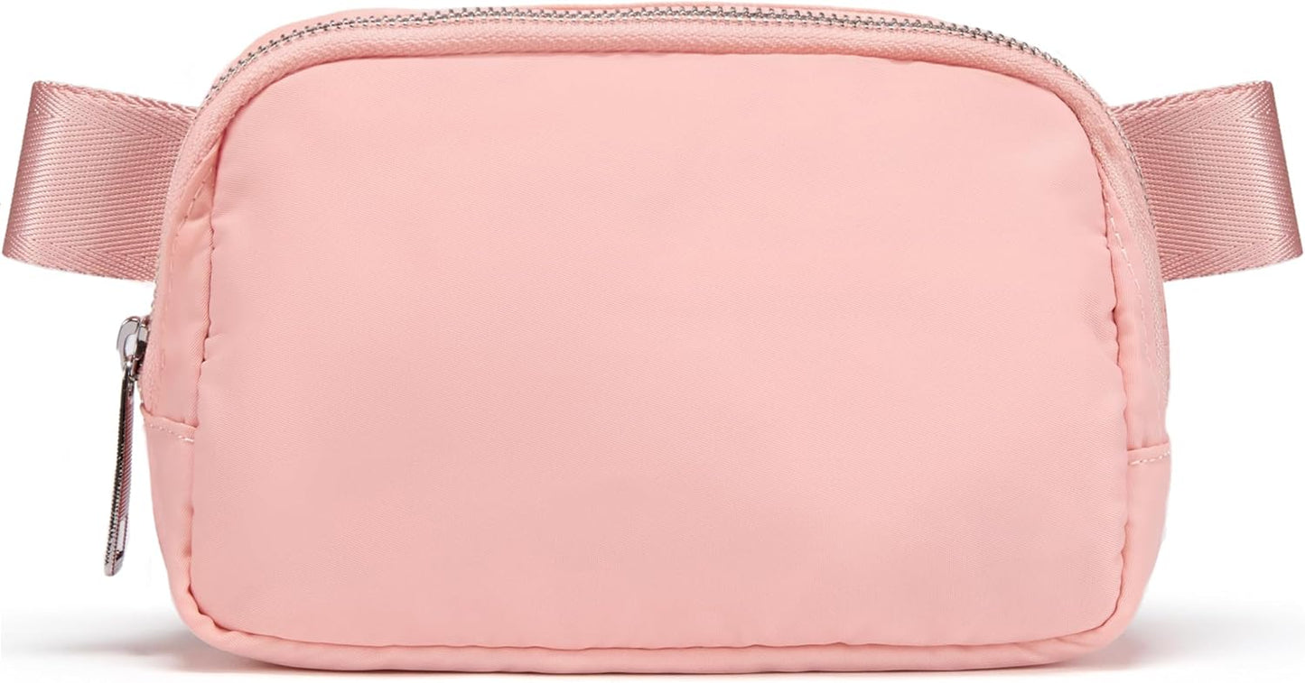 Cross Body Fanny Packs for Women Men Fashion Waist Bag Pouch Nylon Small Travel Crossbody Bags Mini Purse Everywhere Belt Bag Bum Bag with Adjustable Strap for Running Hiking Mono Pink