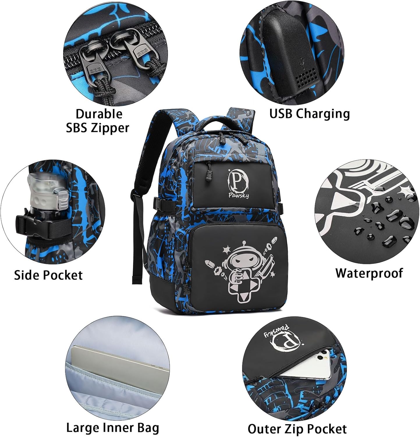 School Backpack for Teen Boys, Kids Backpack Cool Luminous Backpack with USB Charging Port, Lightweight Laptop Bag with Sling Bag Set, Blue