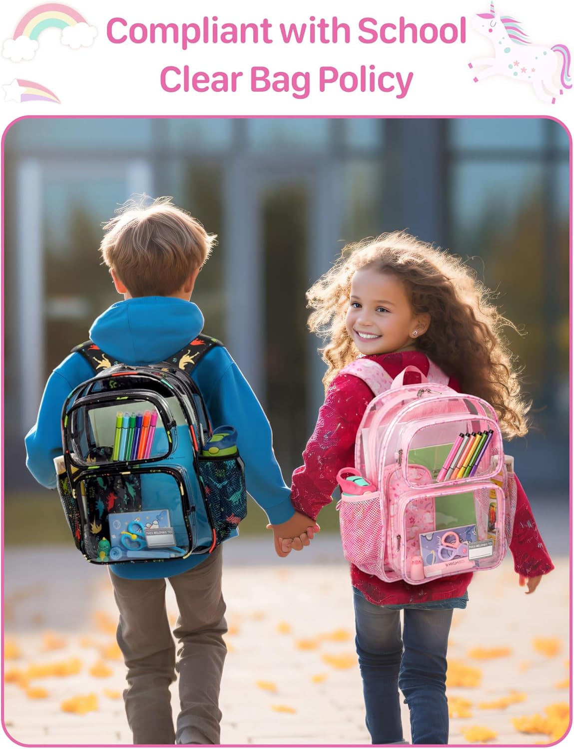 Bagseri 3pcs Clear Backpack for Girls - 15 Inch Backpack and Clear Lunch Bag and Pencil Case Set, Heavy Duty Transparent Bookbag for School, See Through Bag for Kids Aged 3 to 8, Pink Unicorn