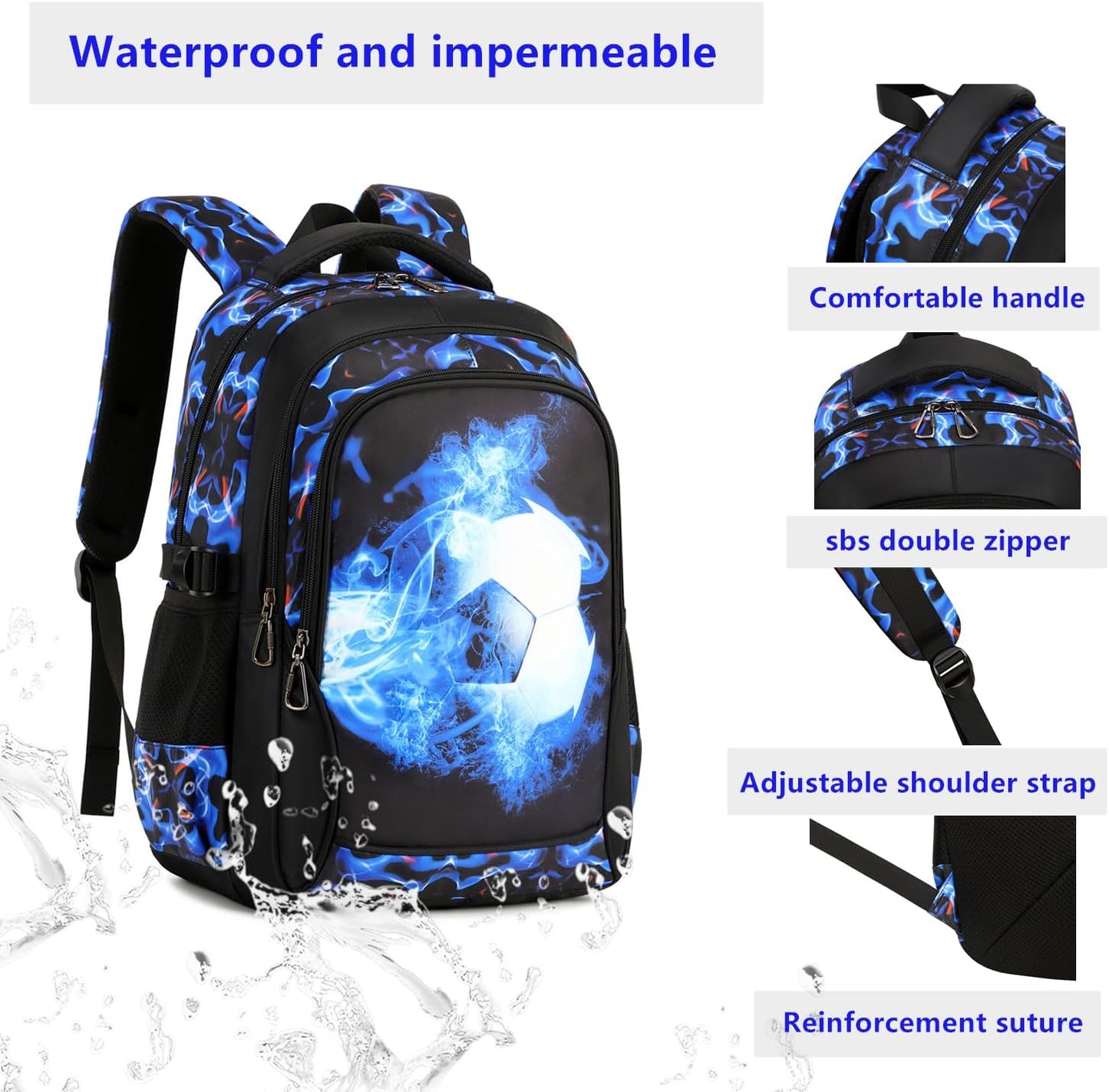 Boys Backpack Kids Bookbag Durable Elementary Middle School Bags Soccer 18in (X-Blue)