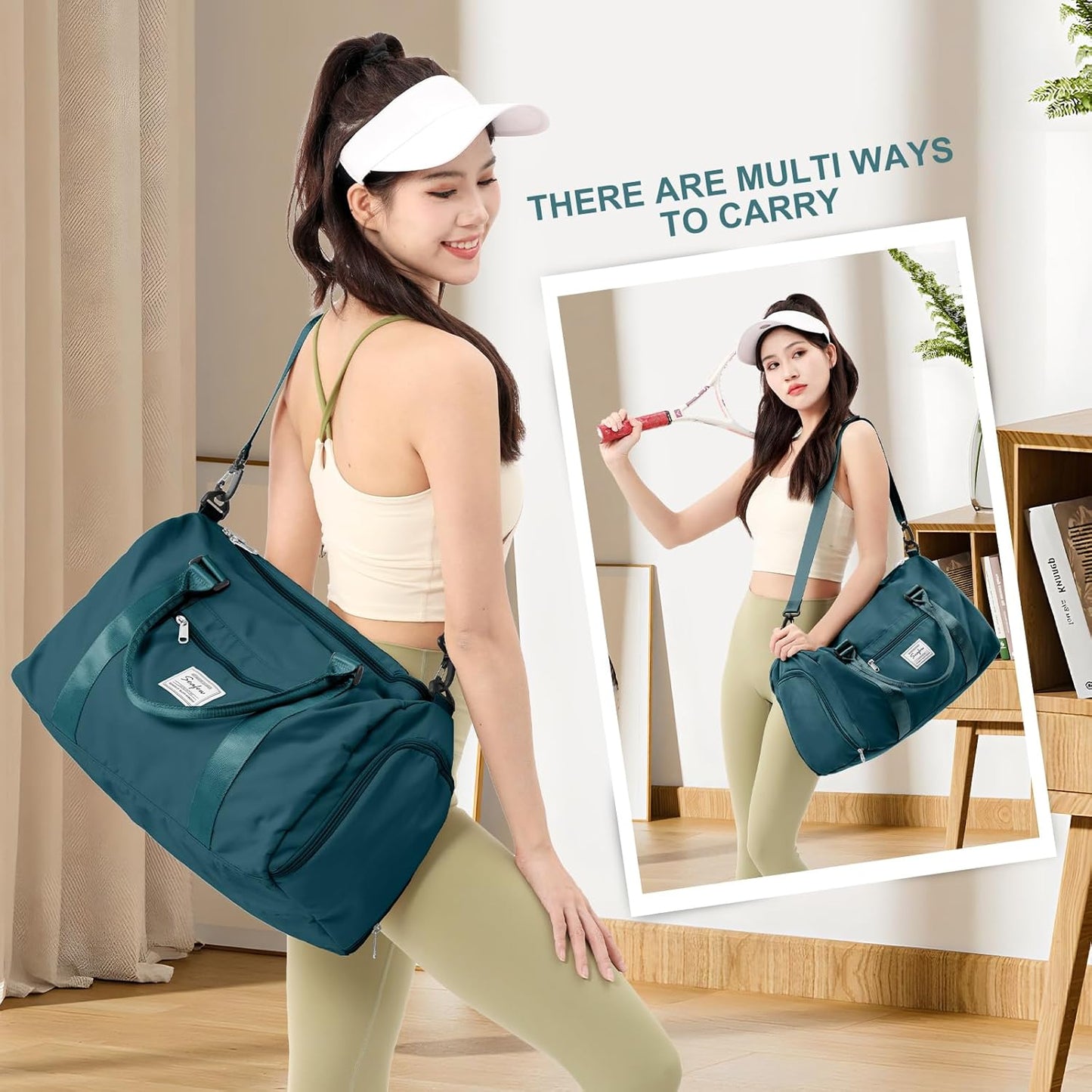 Gym Bag for Women with Shoes Compartment,Small Duffel Bag Sport bag with Toiletry Bag Overnight Travel Tote Bags Weekender Carry on Bag Personal Item Bag for Airlines Peacock Blue