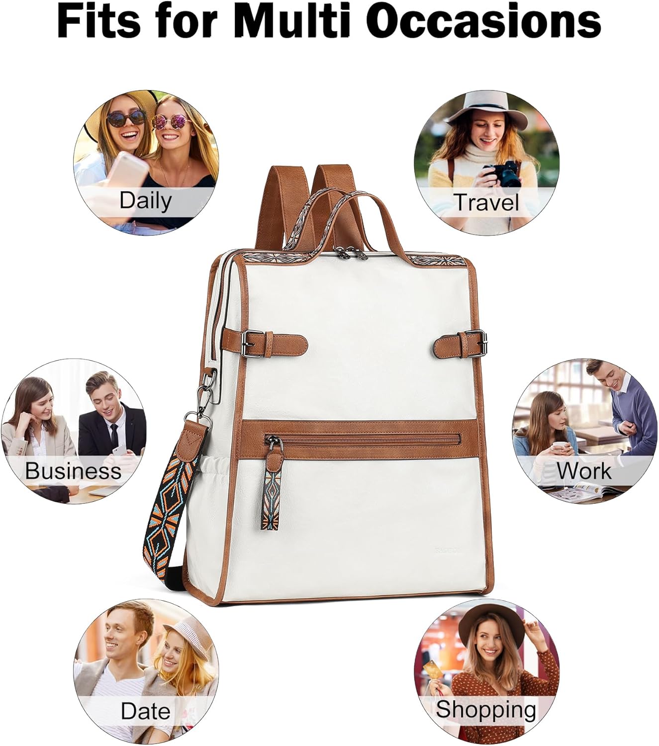 FADEON Leather Laptop Backpack for Women, Designer Ladies Work Travel Computer Backpack with Laptop Compartment Purse White
