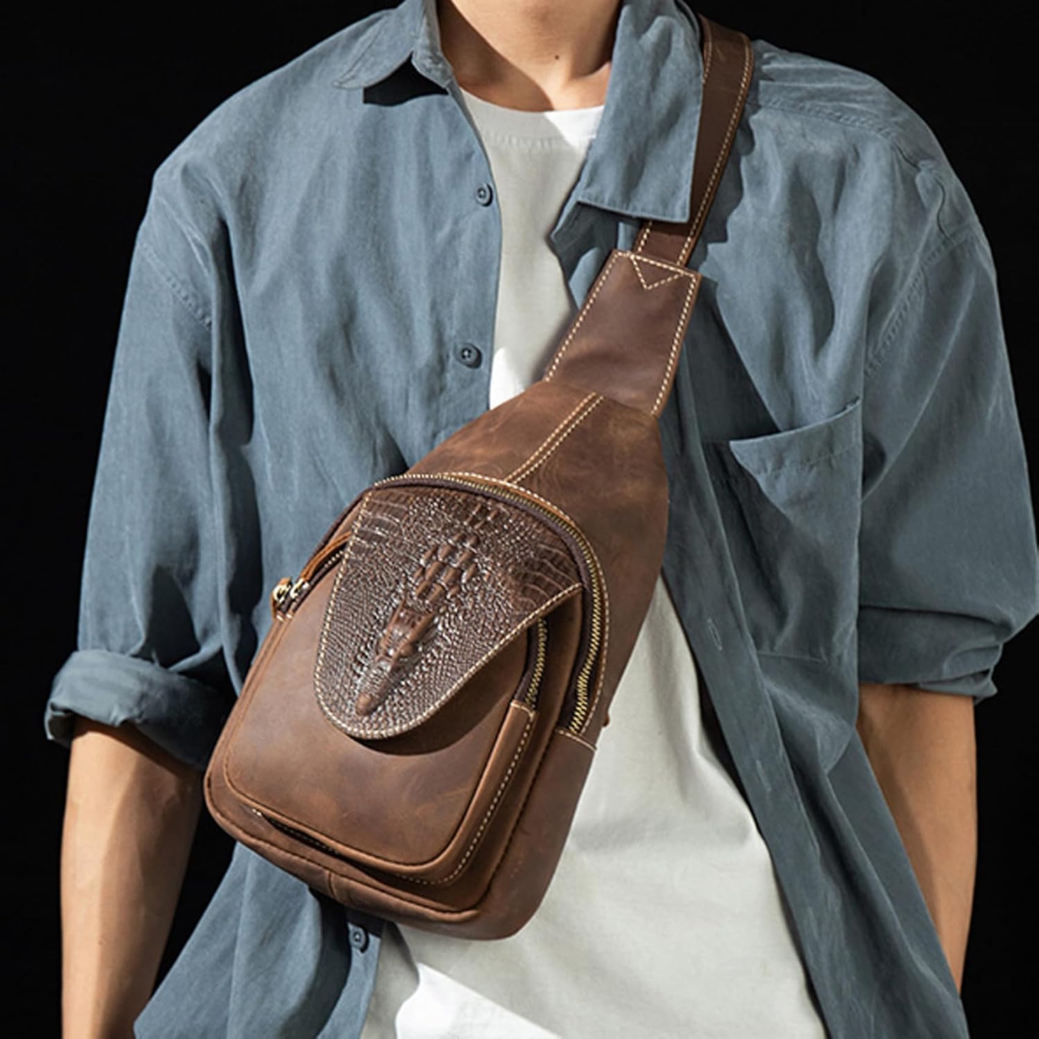 Genuine Leather Sling Bag for Men Women Backpack Chest Shoulder Satchel Crossbody Bags Casual