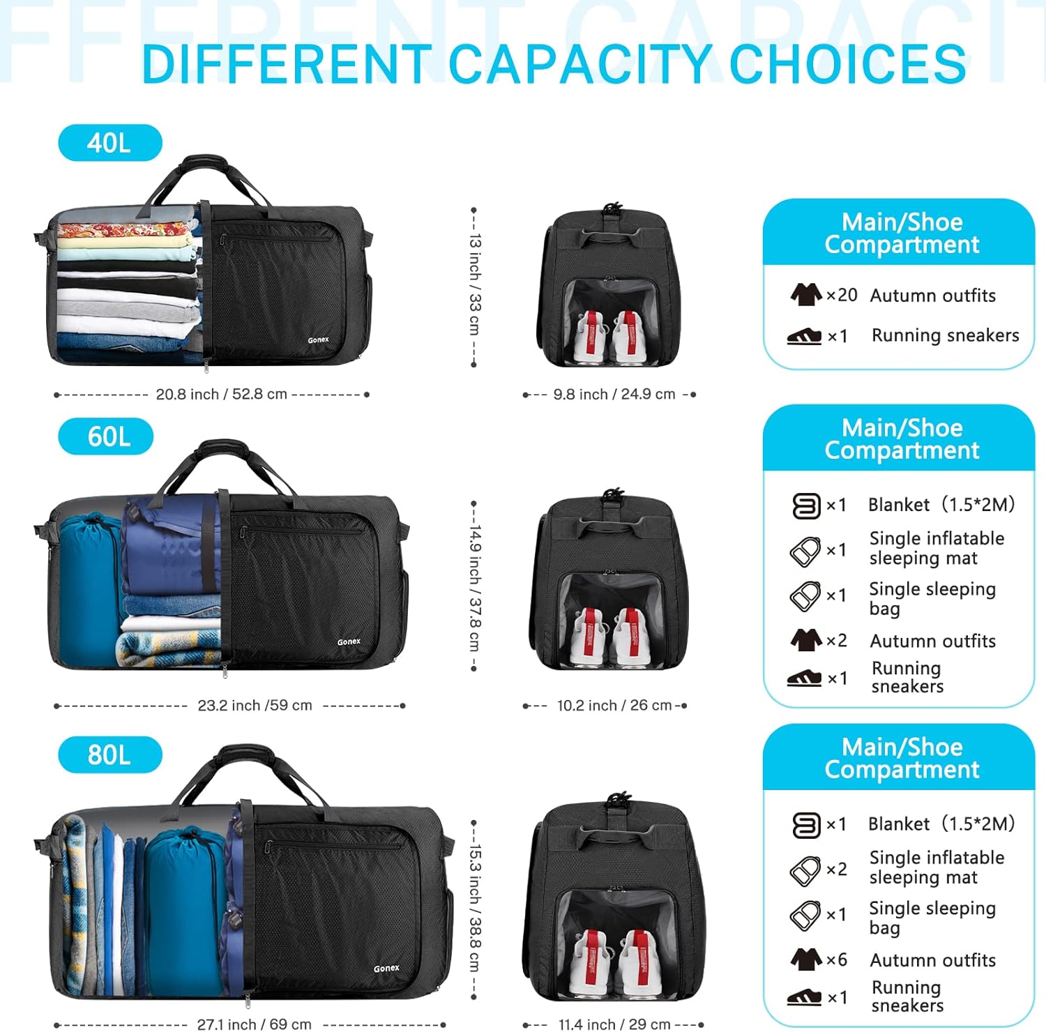 Gonex 40L 60L 80L 100L 150L Large Foldable Travel Duffle Bag with Shoes Compartment, Packable