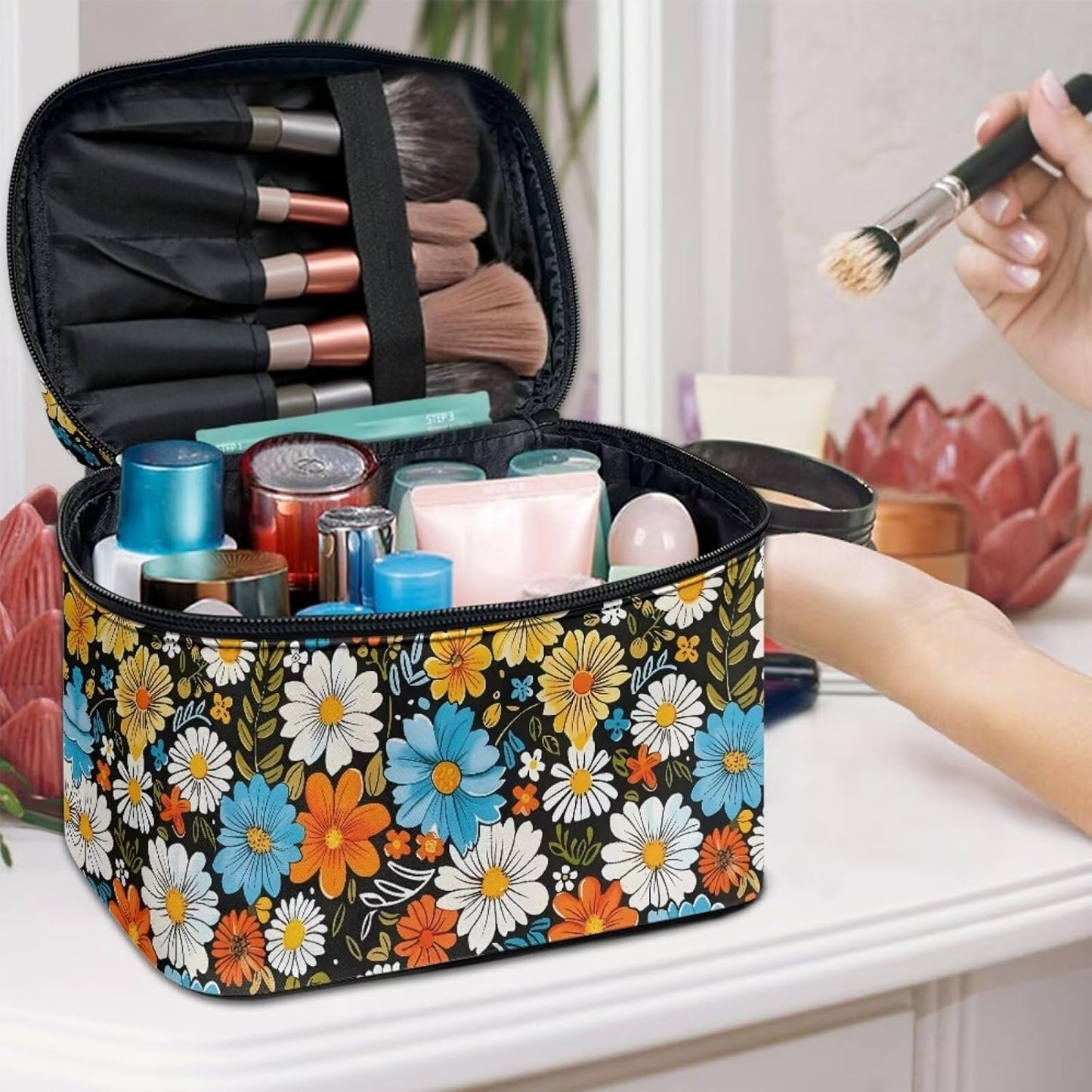 JoyLamoria Floral Blossoms Makeup Case Portable Cosmetic Bag Toiletry Containers for Women