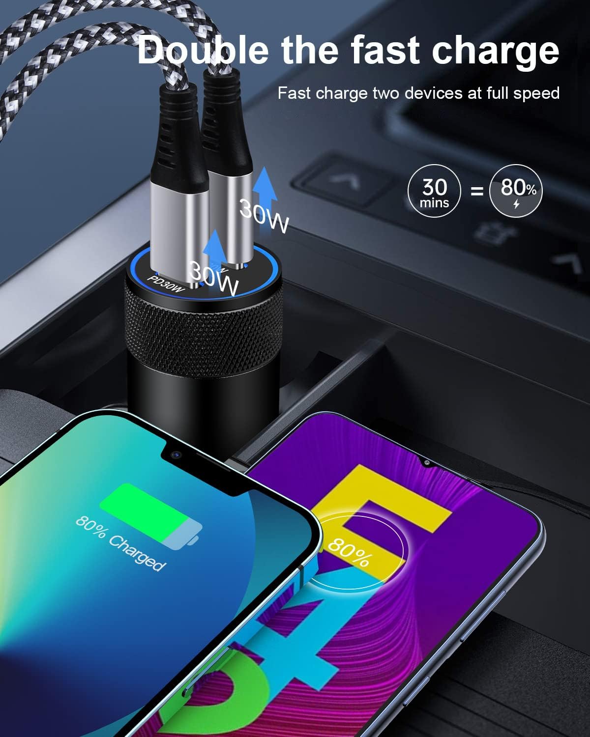 60W USB C Car Charger, 2 Pack AILKIN USB C Cigarette Lighter Adapter Fast Charging Dual Port PD3.0 Type C Car Charger Plug Compatible with iPhone 17 16 15 14 13Pro Max Galaxy S25/S24/23 Pixel 10 9Pro