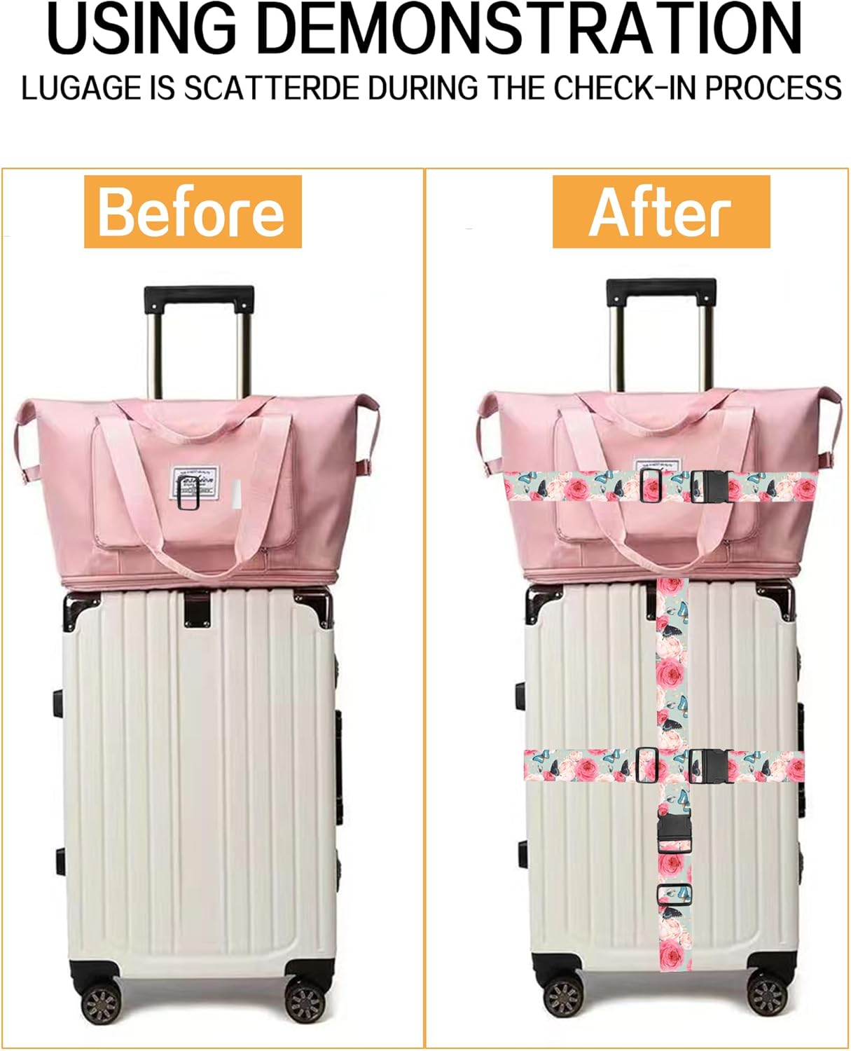 Luggage Straps for Suitcases, Adjustable Travel Belt, Durable Wide Luggage Strap, Cute Suitcase Strap Identifiers with Buckle, Bag Straps for Luggage, Cute Rose Butterfly