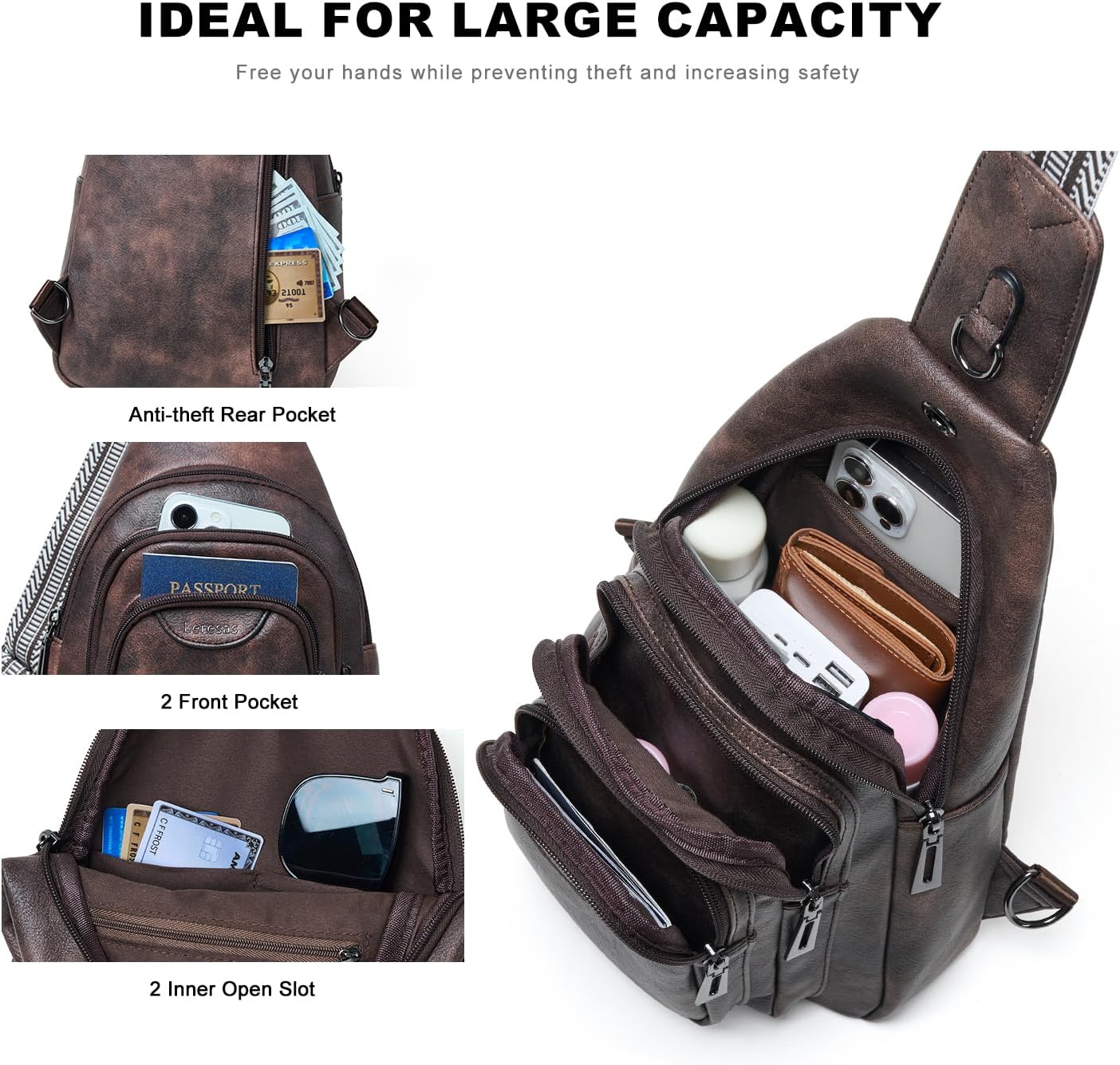 Crossbody Sling Bag for Women Men Anti Theft Cross Body Fanny Pack Belt Bag Purse Gifts for Women Faux Leather, Coffee