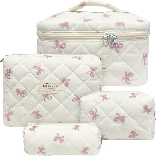 Quilted Makeup Bag, Large Capacity Travel Cosmetic Bag for Women and Girls, Aesthetic Storage for Daily and Travel Use (4pcs-pinkbow)