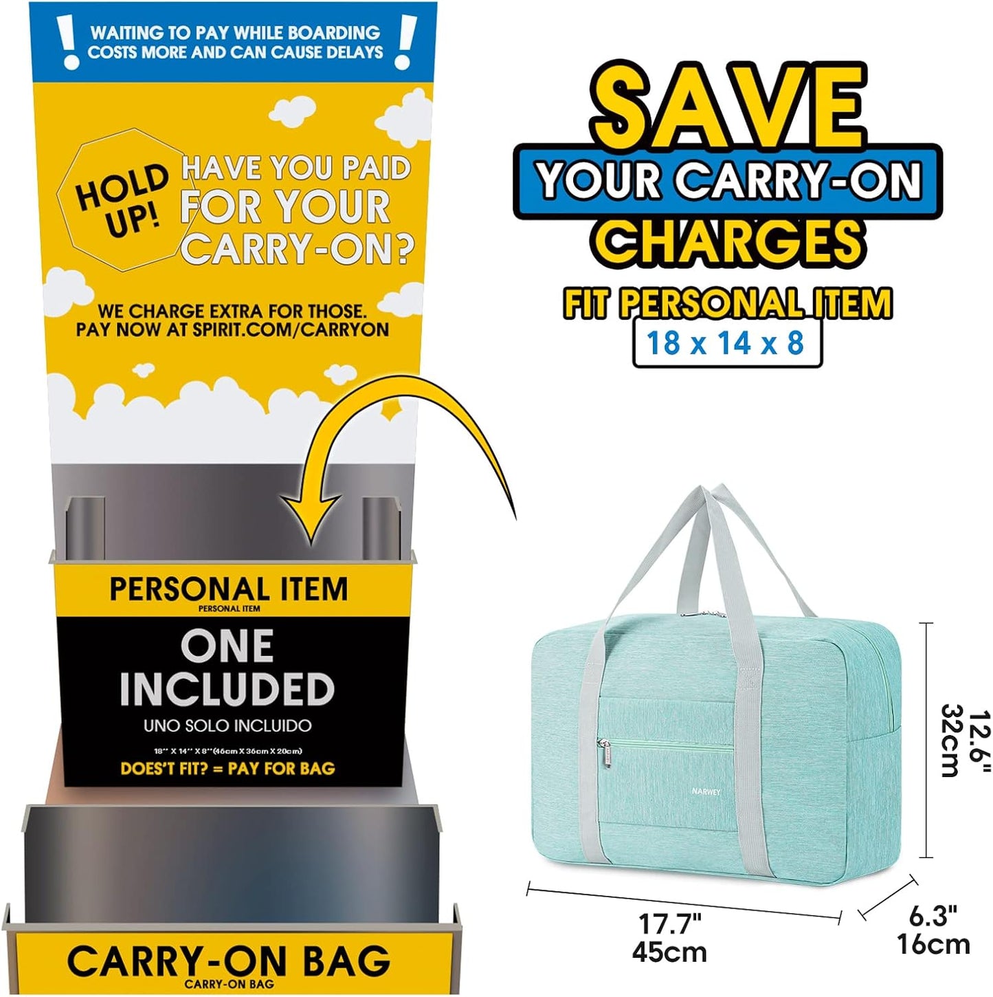 For Spirit Airlines Personal Item Bag 18x14x8 Foldable Travel Duffel Bag Tote Carry on Luggage Duffle Overnight for Women and Men