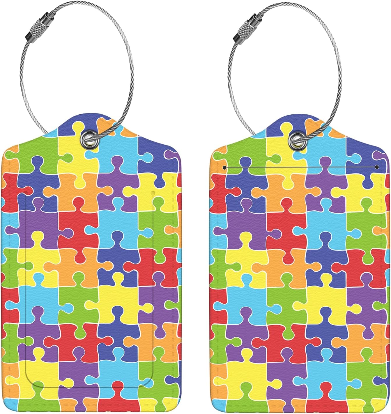 2 Pcs Luggage Tags for Suitcase, Cute Unique PU Leather Travel Bag Tag with Privacy Cover ID Label Address Card and Durable Metal Ring Suitable for Men Women Children Backpack,Jigsaw