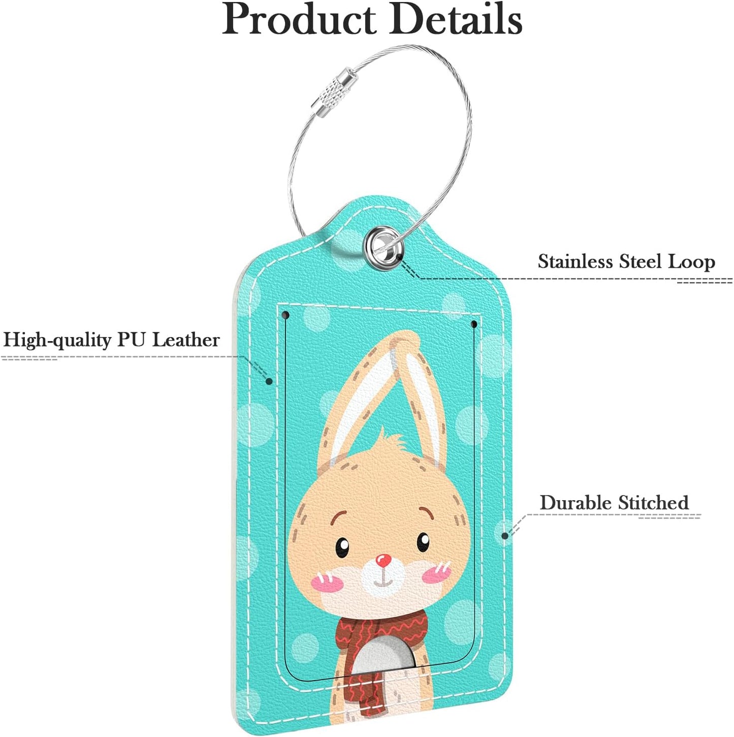 Luggage Tags for Suitcase, 2 Pack PU Leather Travel Cruise Luggage Tag with Privacy Flap, Name ID Label and Metal Loop for Women Men Girls Suitcase Baggage Bag Backpack, Cute Rabbit