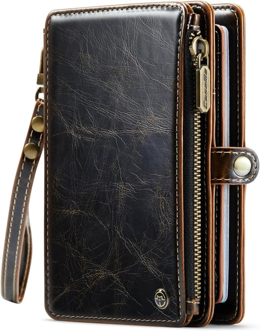 Passport Holder Wallet, 12 Card Slots RFID Blocking Travel Organizer, Zippered Coin Pocket & Detachable Wrist Strap Secure AMagnetic Closure Passport Case for Men & Women (Brown)