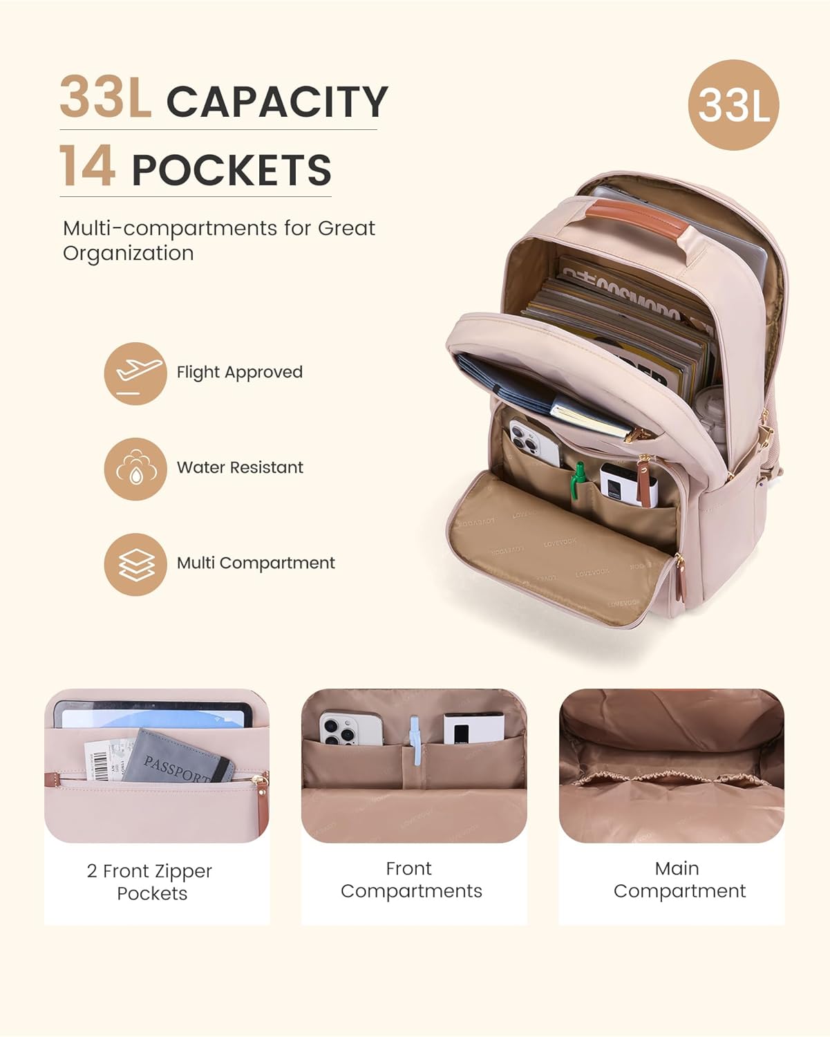 LOVEVOOK Laptop Backpack for Women, 17.3" Work Backpack Purse, Travel Personal Item Bag, Carry On Business Computer Bag, Casual Daypack for Office, School, or Gift, Khaki-beige