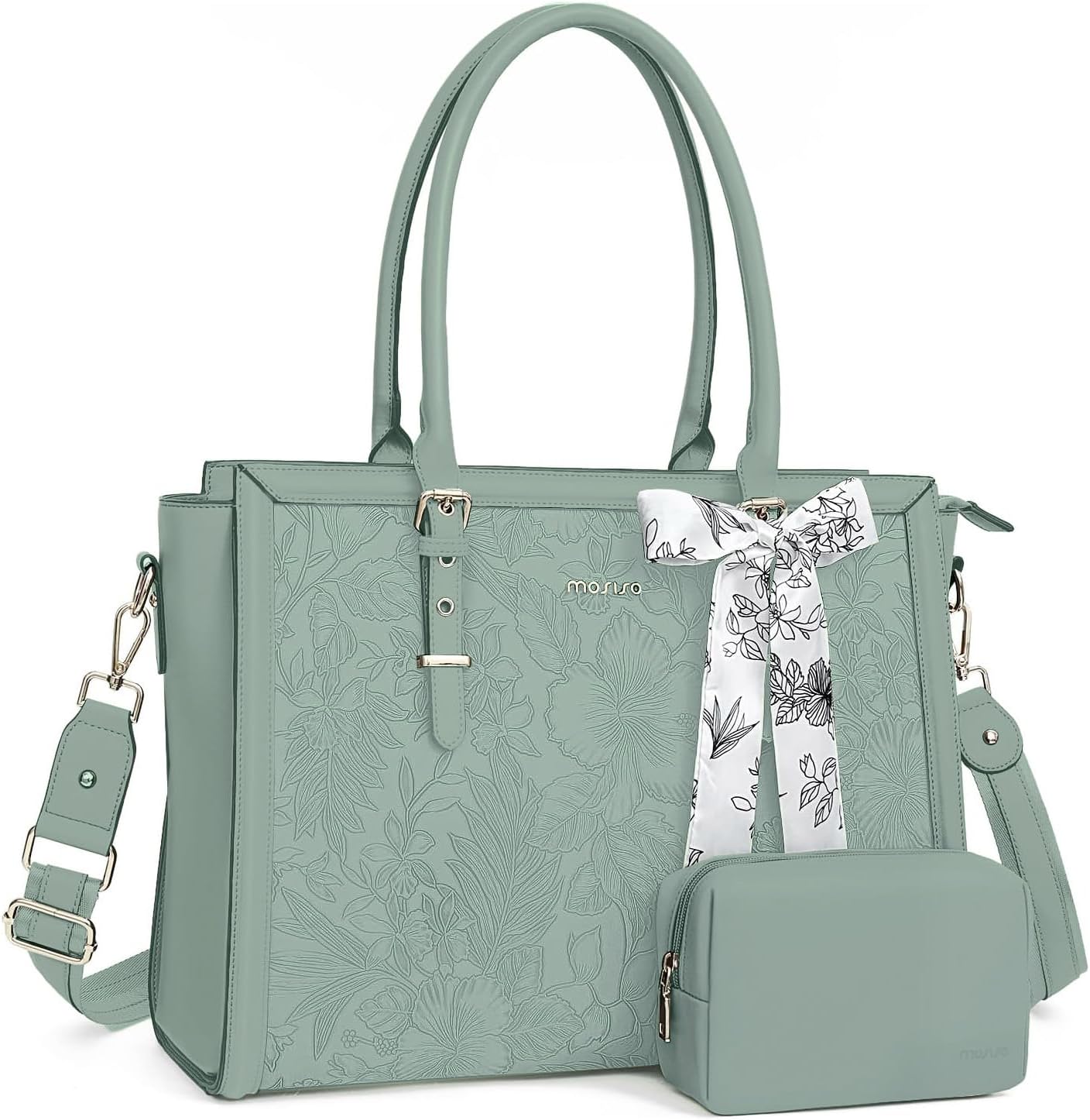 MOSISO Laptop Bag for Women, PU Leather Tote Bag, Front Embossed Retro Hibiscus Computer Bags with Silk Scarf&Clutch Purse