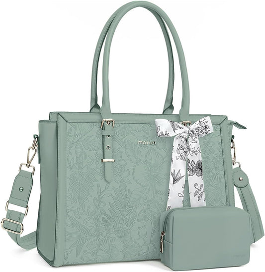 MOSISO Laptop Bag for Women, PU Leather Tote Bag, Front Embossed Retro Hibiscus Computer Bags with Silk Scarf&Clutch Purse
