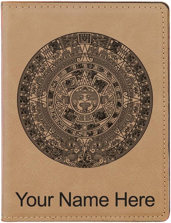 LaserGram Faux Leather Passport Holder, Aztec Calendar, Personalized Engraving Included (Light Brown)