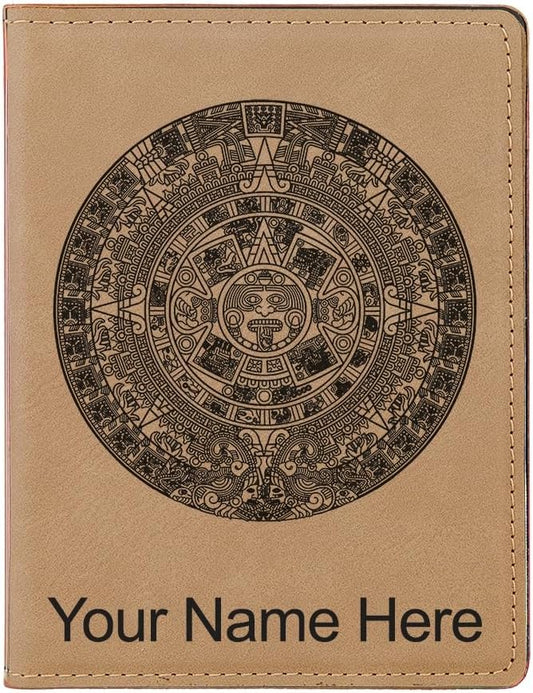 LaserGram Faux Leather Passport Holder, Aztec Calendar, Personalized Engraving Included (Light Brown)