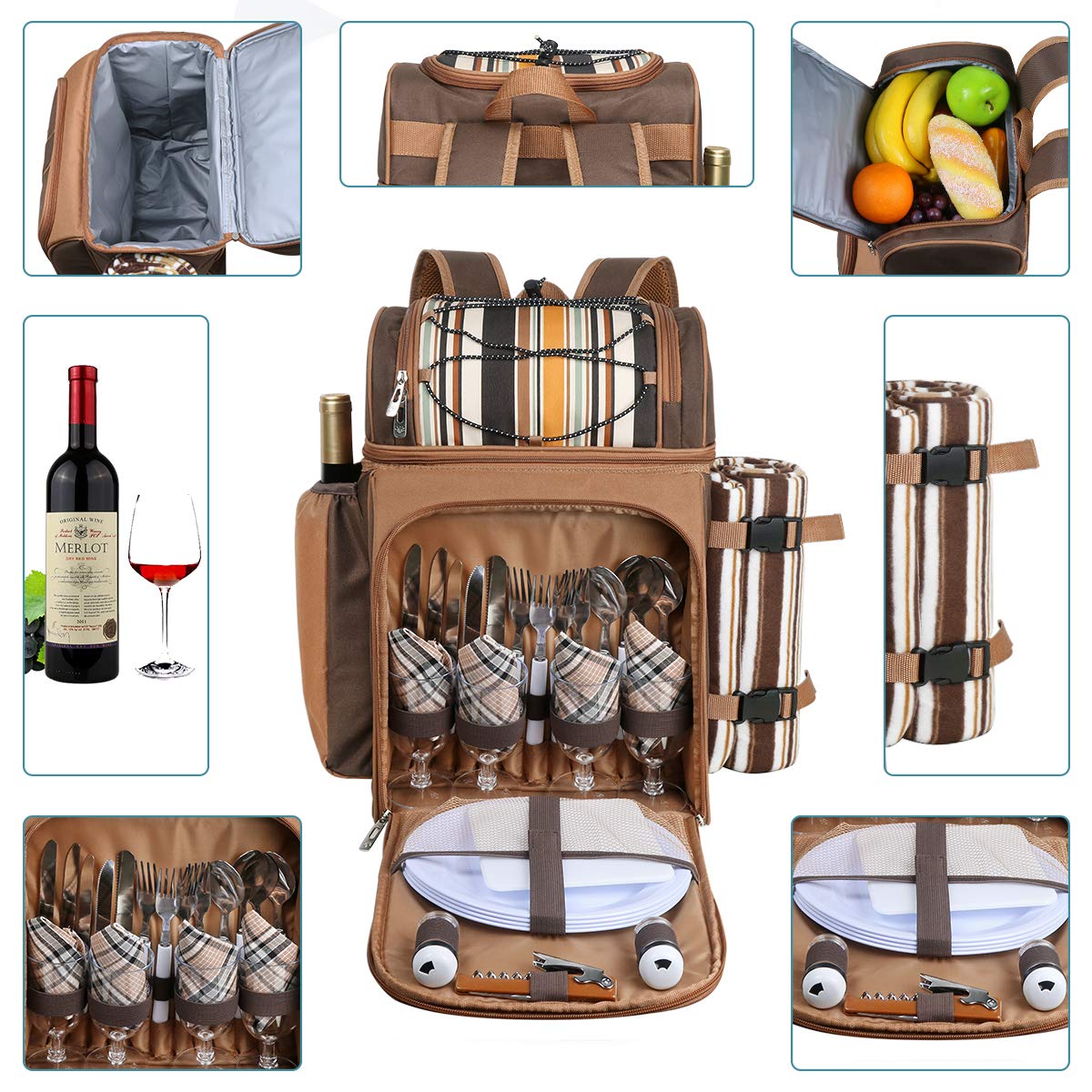 Hap Tim Picnic Basket Backpack for 4 Person with Insulated Leakproof Cooler Compartment, Wine