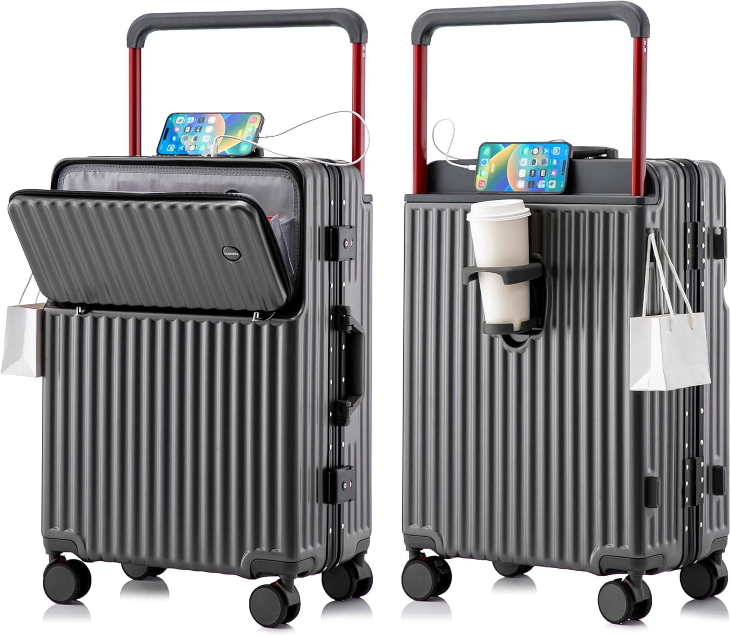 20 Inch Carry On Luggage with Spinner Wheels,Aluminum Frame PC Hard Shell Suitcase with USB Port,Lightweight Travel Luggage Airline Approved for Men Women (Iron Gray)
