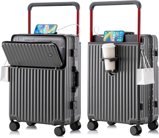 20 Inch Carry On Luggage with Spinner Wheels,Aluminum Frame PC Hard Shell Suitcase with USB Port,Lightweight Travel Luggage Airline Approved for Men Women (Iron Gray)