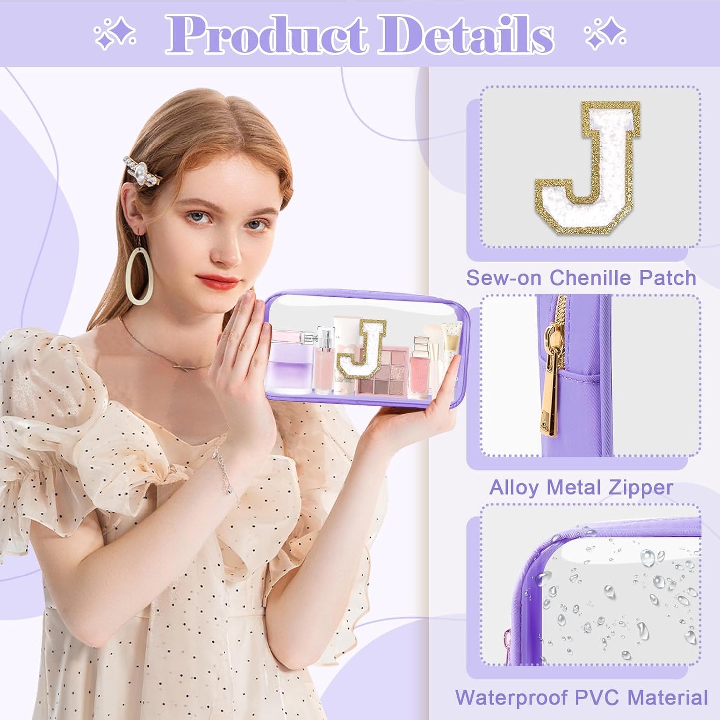Personalized Initial Letter Clear Makeup Bag,Preppy Small Nylon&PVC Cosmetic Zipper Bag with Chenille Letter,Travel Skincare Toiletry Bag,Monogram Christmas Gift for Teen Girls Women,J