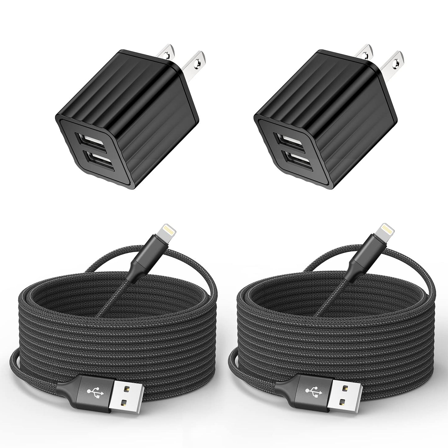 iPhone Charger 10ft, Fast i Phone Block Dual 2Port USB Wall Charger Block Adapter Plug 2 Pack & Long 10foot Fast Charging Nylon Braided Lightning Cable Cord for iPhone 14/13/12/11/XS/XR/8 Plus/SE iPad