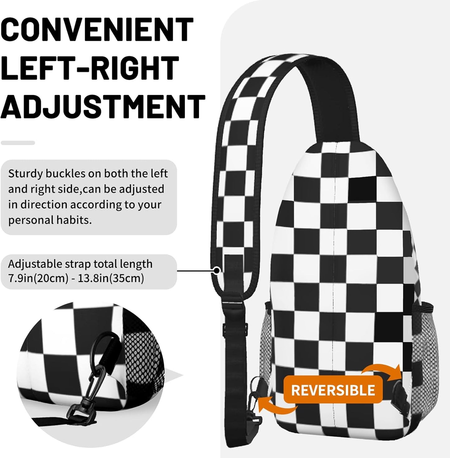 Black White Checkered Sling Bag Crossbody Chest Bag for Women Men, Water Resistant Lightweight Casual Crossbody Bag with Adjustable Strap, Travel Hiking Daypack Shoulder Backpack