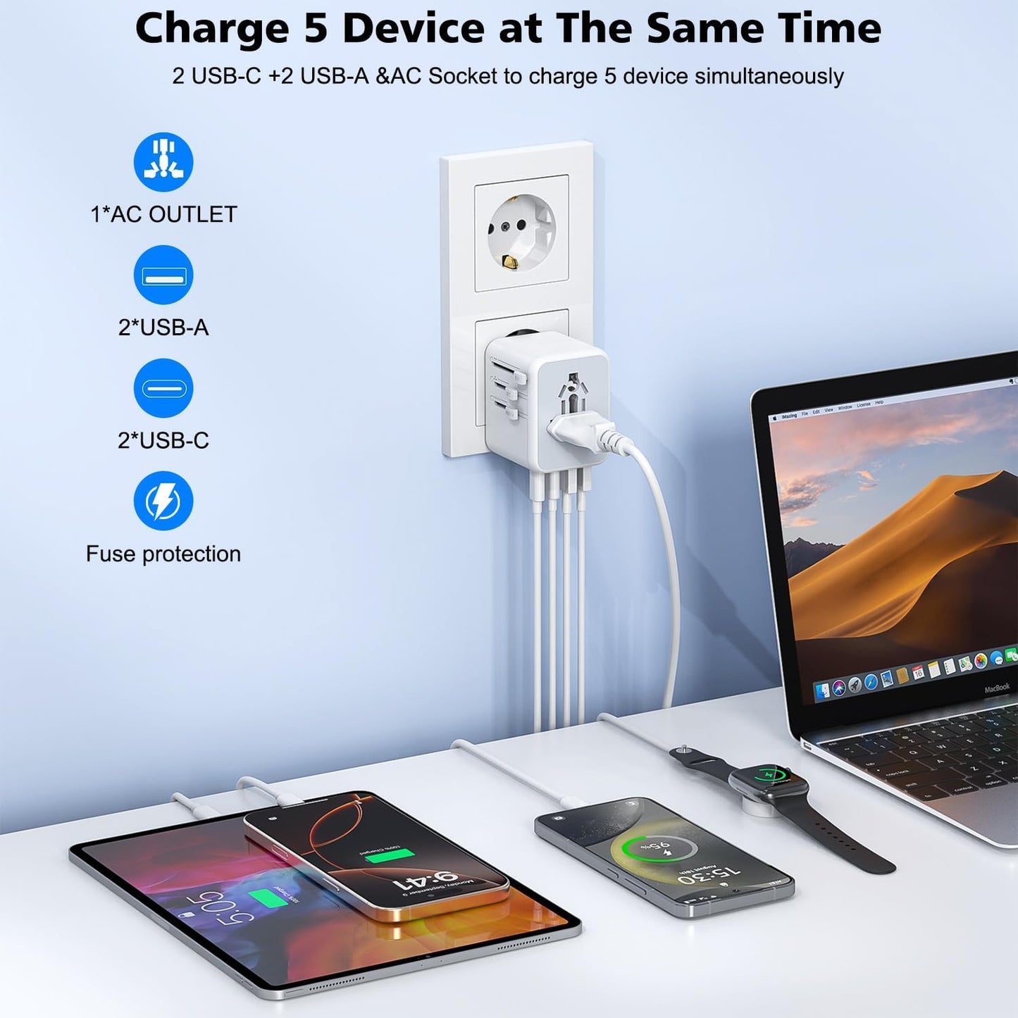 2Pack Universal Travel Adapter, International Travel Plug Adapter with 2 USB-C(PD 20W) & 2 USB-A Ports 3FT Type C Cable Cord,All in One Portable Adaptor for USA, UK, EU, AU & 224+ Countries (White) US