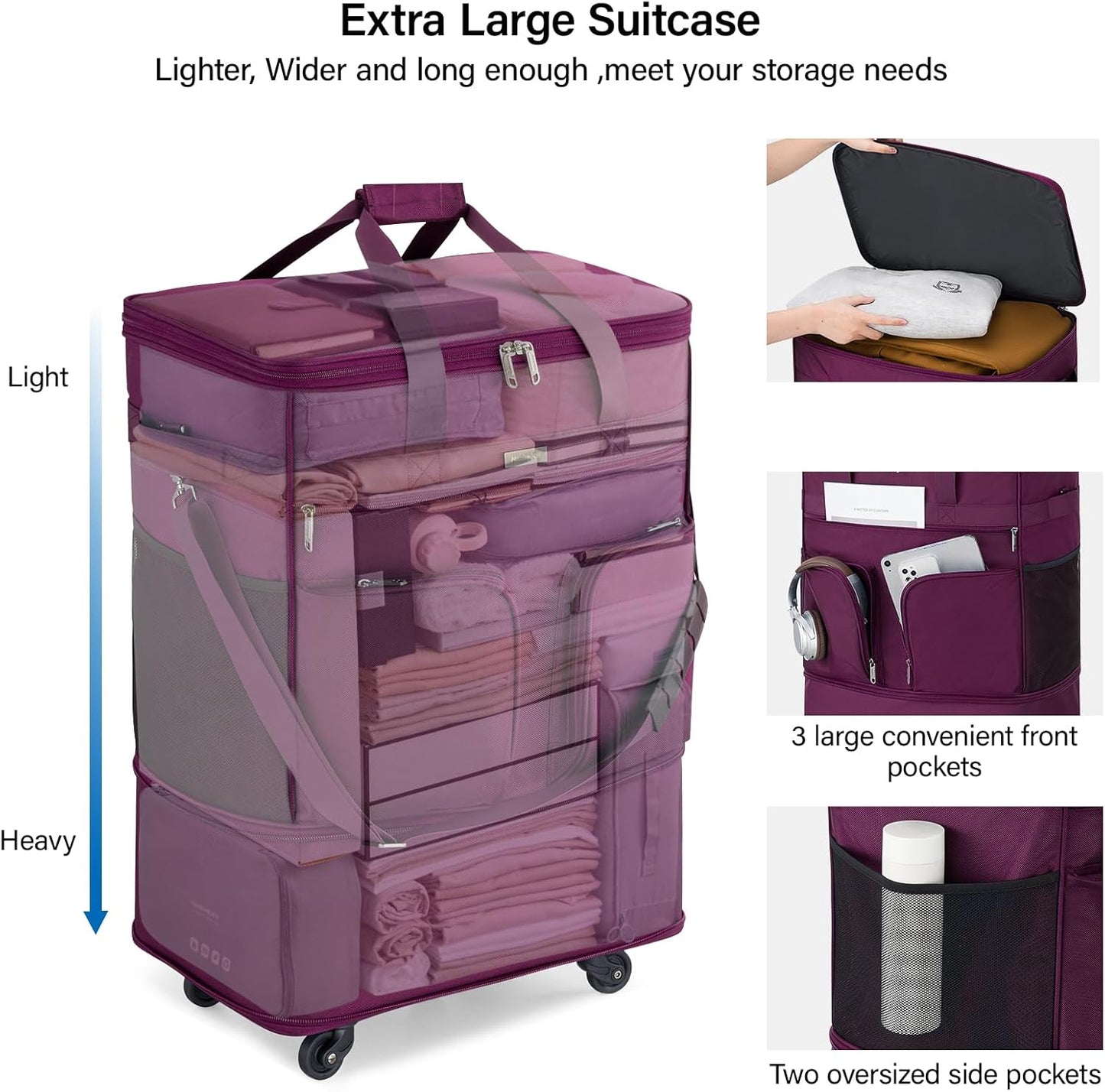 Hanke Expandable Large Suitcase 4 Wheels Lightweight Collapsible,Foldable Suitcases &Travel Bags Hand Luggage Extend 20/24/28 inch Suitcases Duffel Bag Without Telescopic Handle for Men & Women