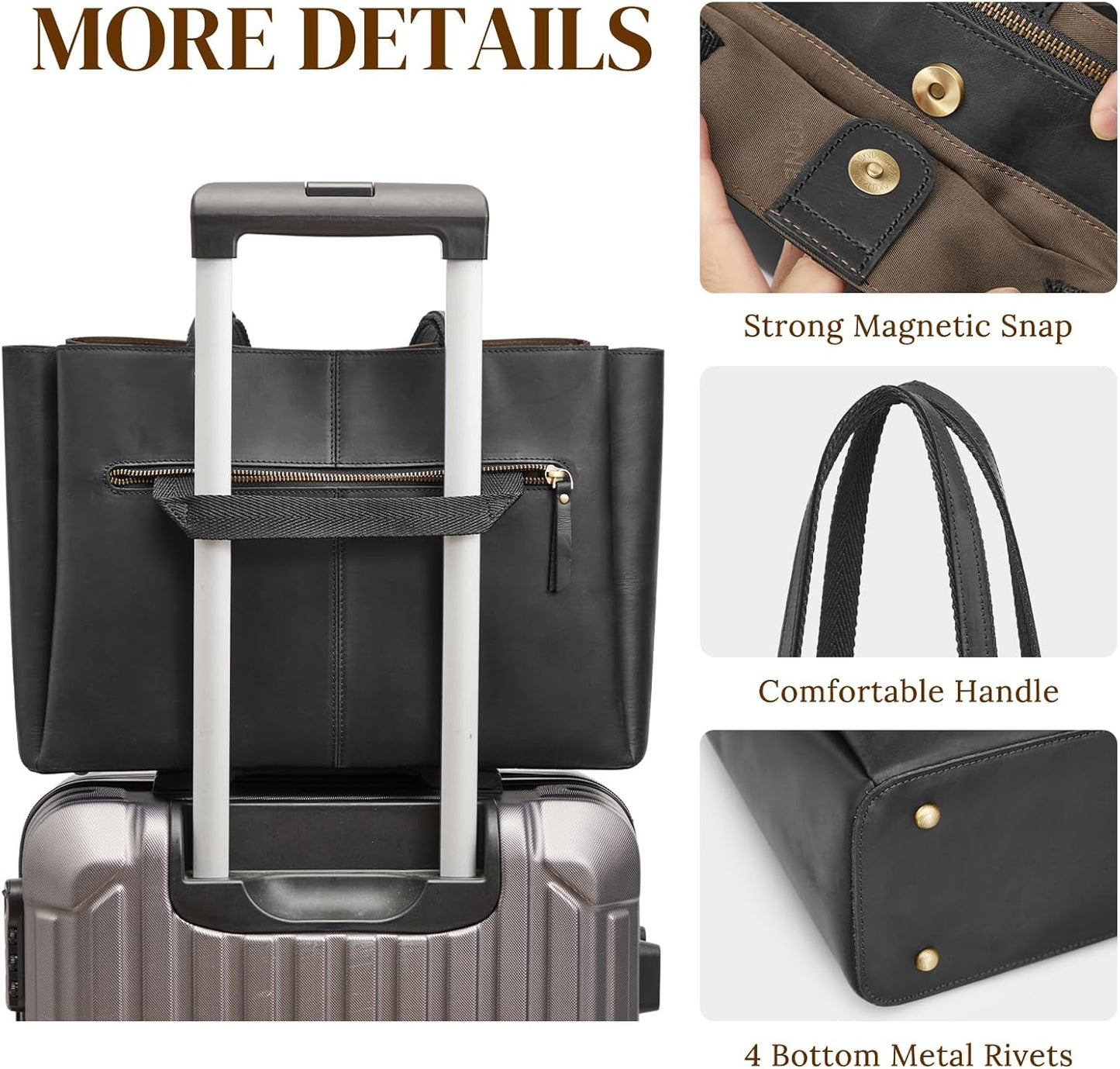 S-ZONE Genuine Leather Tote Bag for Women Work Large Shoulder Handbag with Zipper Compartment for Travel Professional