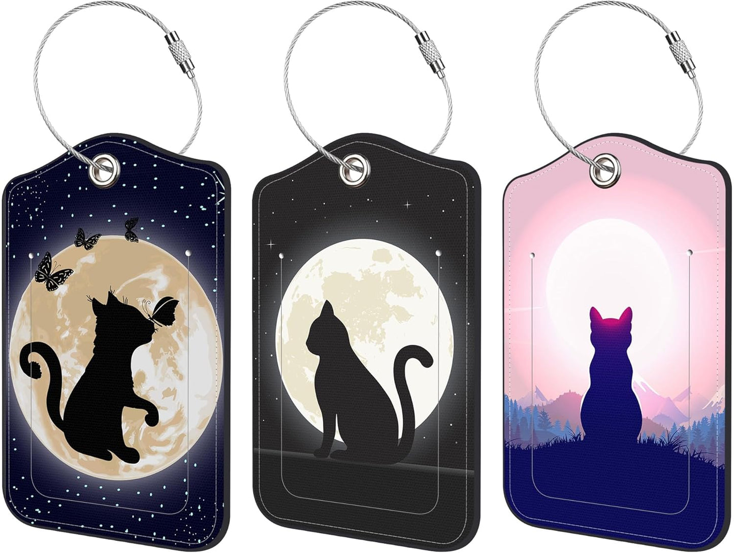 3 Pack Luggage Tags for suitcases Black Cat Under The Night Sky Leather Luggage Tag, Identifiers with Privacy Name ID Label and Metal Loop for Men Women Travel Bag Suitcase