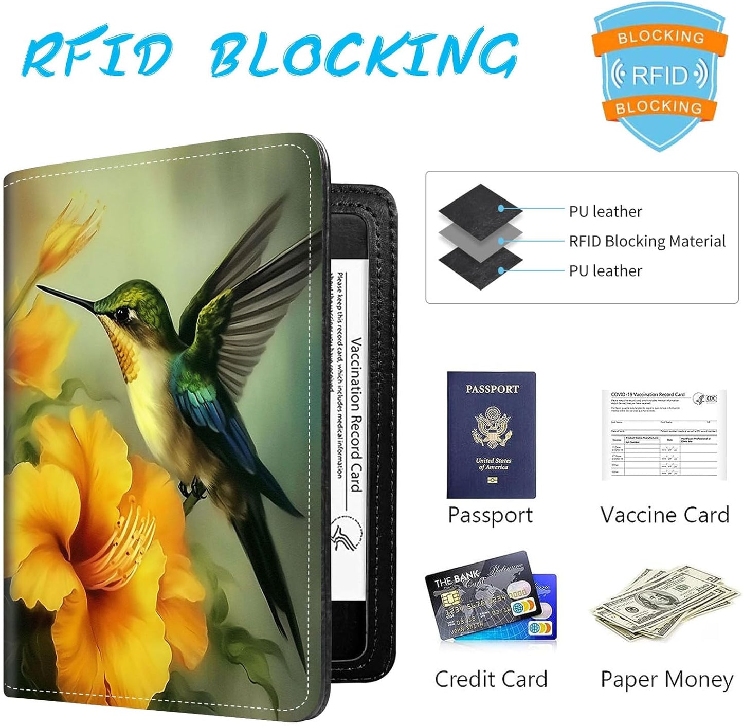 Passport Holder Cover Wallet Travel Essentials RFID Blocking Case Leather Passport Cover Wallet Vaccine Card Slot Organizer for Men Women, Hummingbird