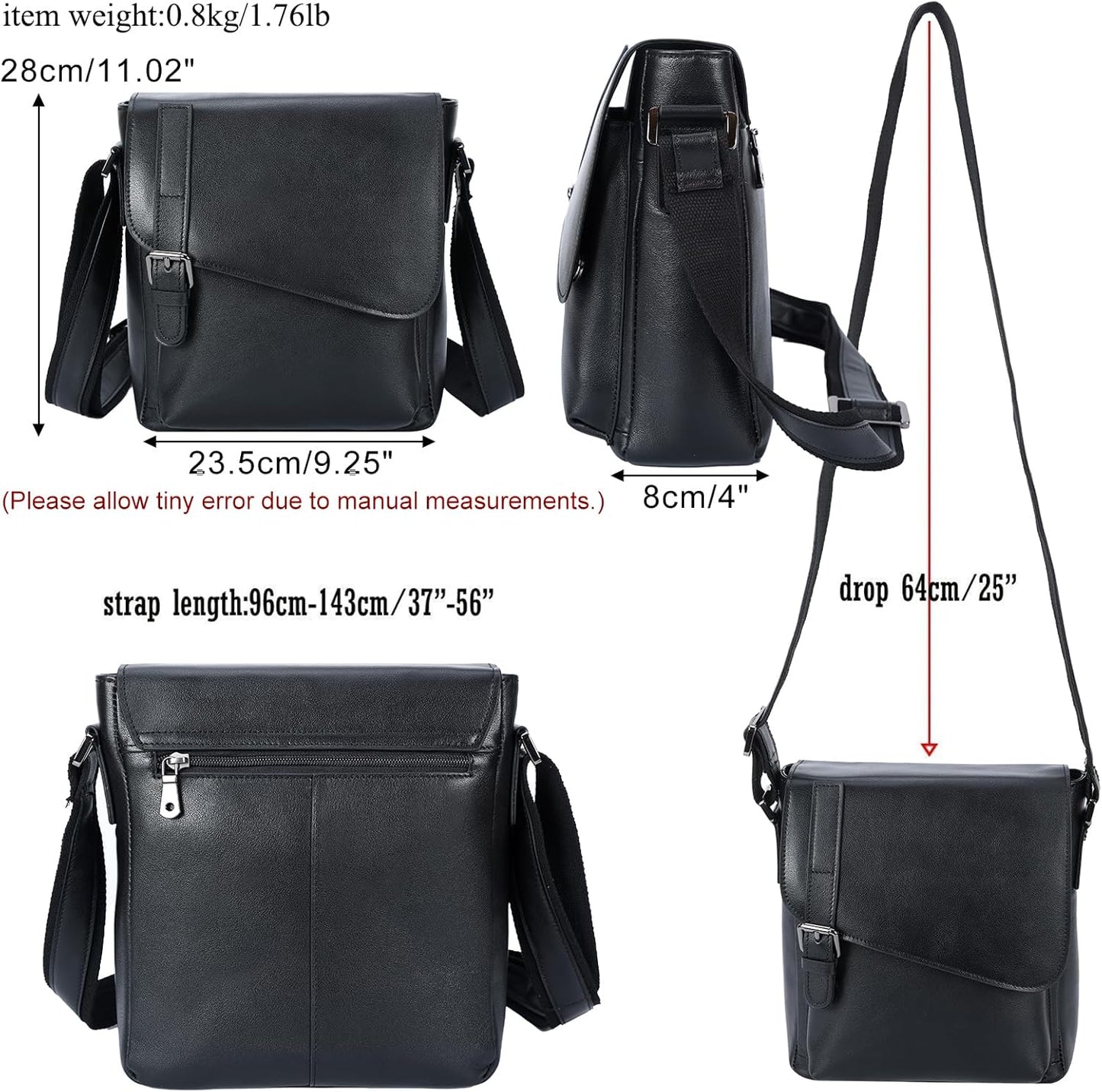Masa Kawa Leather Messenger Bag Small Crossbody Shoulder Bag for Men Women Flap Over Man Purse Fits 10 Inch Tablet