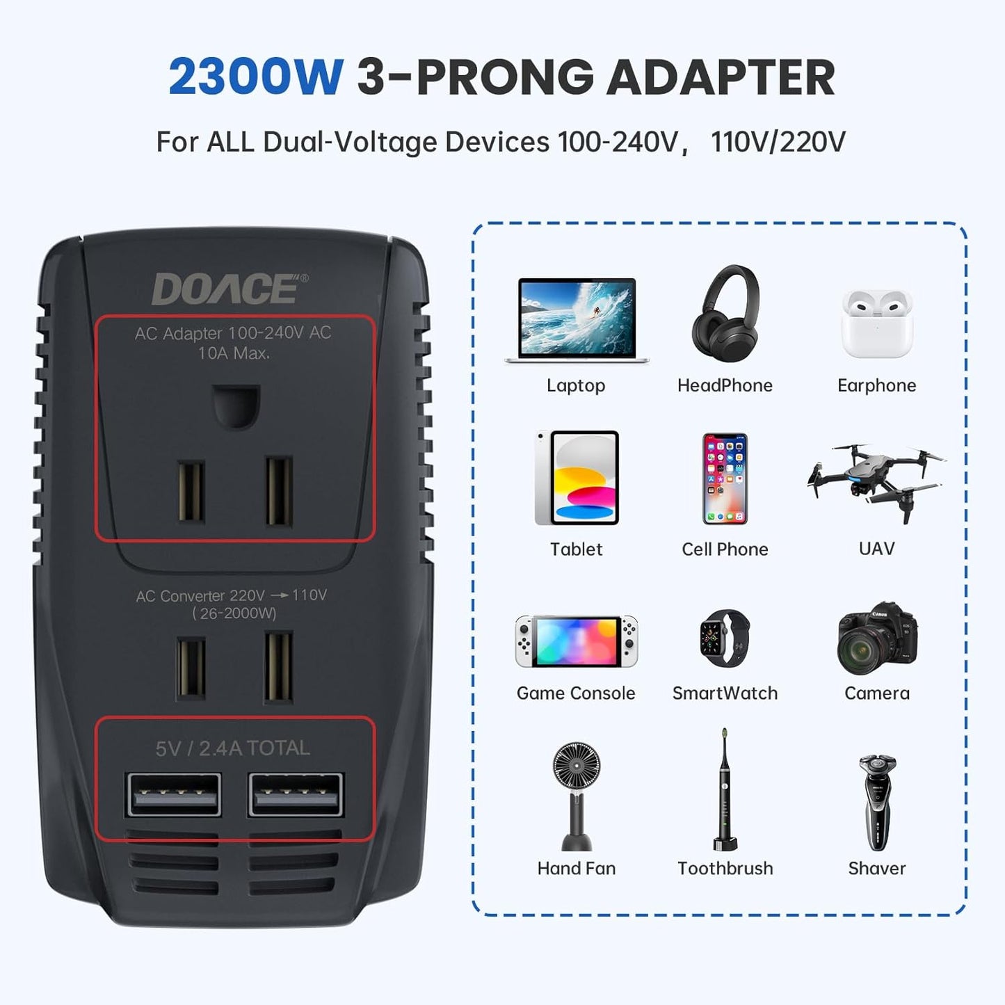 Upgraded 2000W Voltage Converter US to Europe -220V to 110V Converter for European Travel for Hair Dryer Straightener, 2300W with PD Charger for Tablet Camera Cell Phone