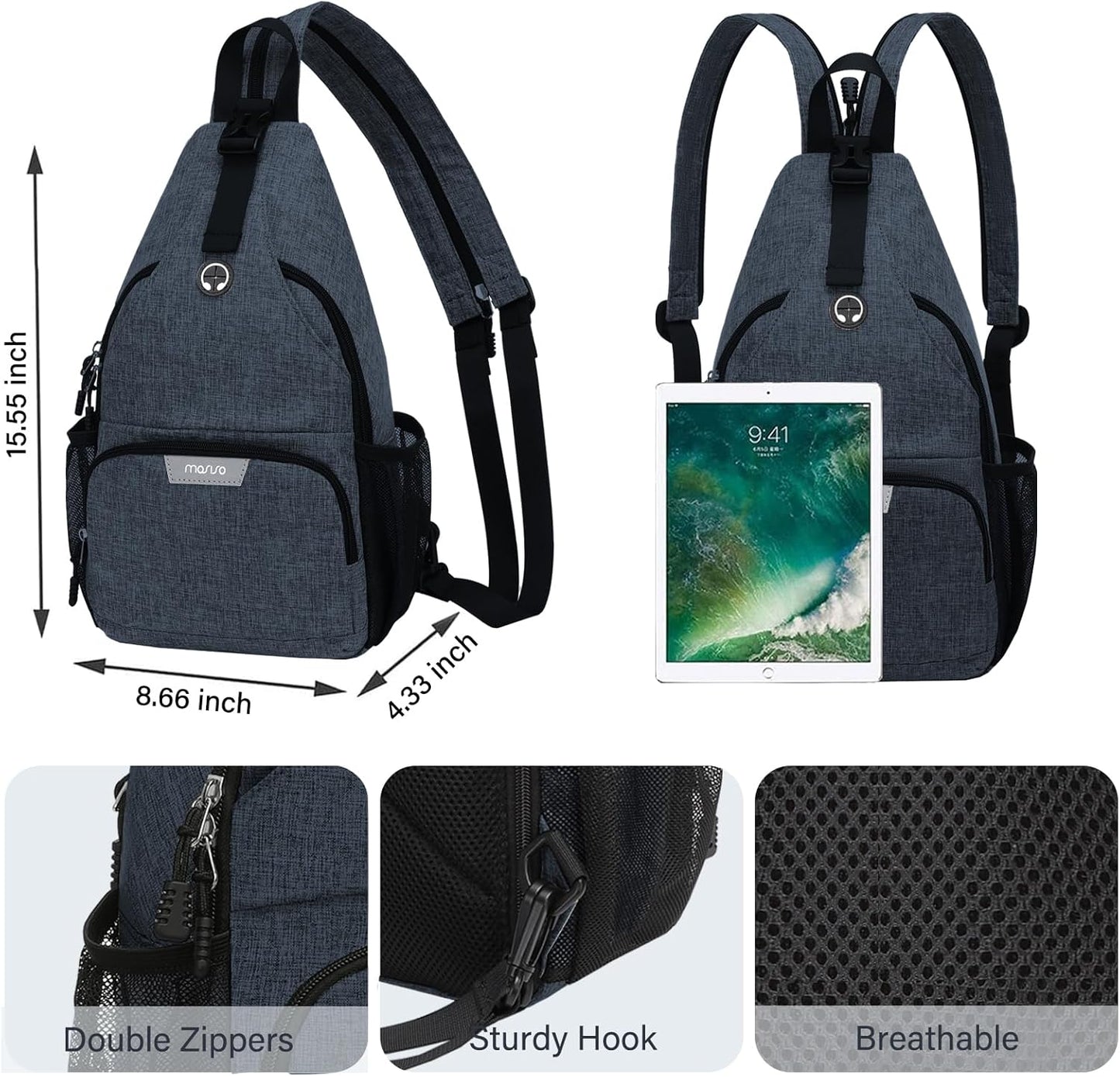MOSISO Sling Backpack Travel Hiking Daypack, Crossbody Convertible Sling Bag with Front Pocket One Shoulder Chest Bag