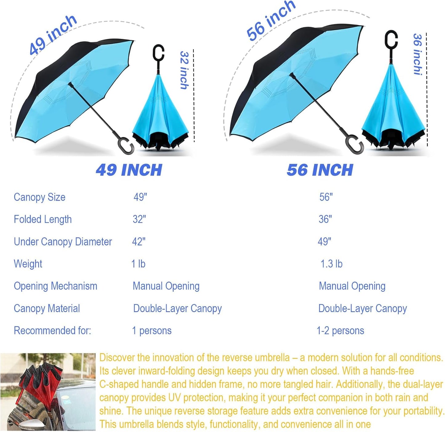 SIEPASA 49/56 Inch Inverted Reverse Upside Down Umbrella, Extra Large Double Canopy Vented Windproof Waterproof Stick Golf Umbrellas with C-shape Handle.
