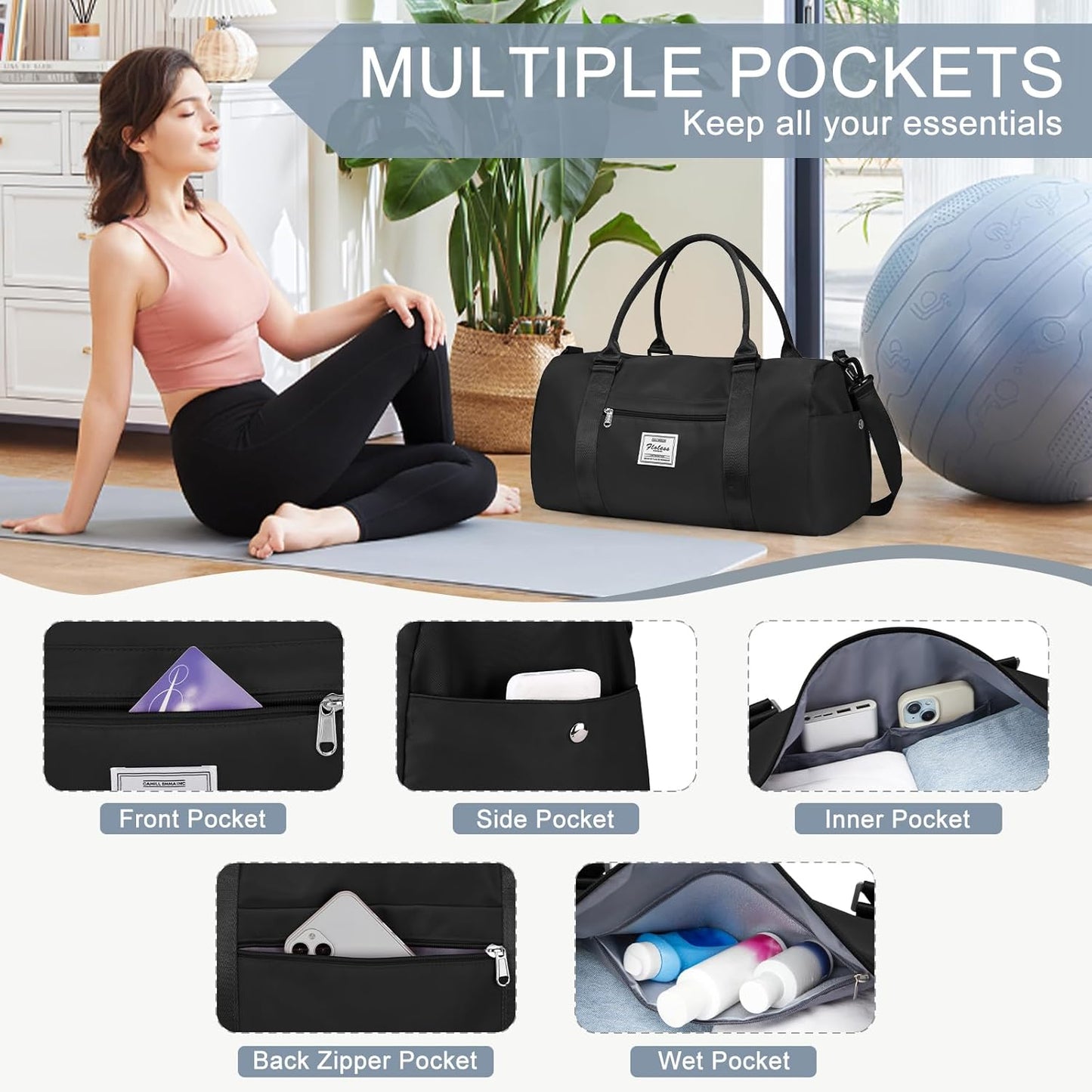 Gym Bag for Women Men with Shoes Compartment Sports Duffle Bag Personal item travel Duffel Bags Small Carry on Weekender Overnight Tote Bags Workout Dance Bags Hospital Holdalls Black