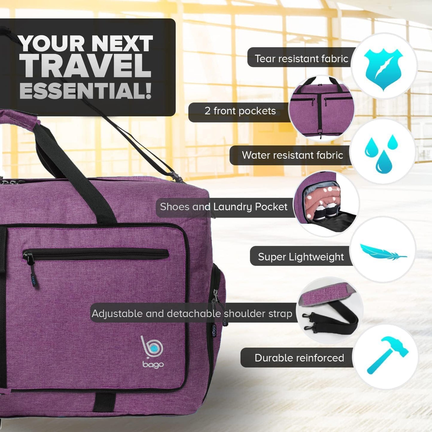 Bago Large Foldable Duffel Bags for Traveling Women & Men - 80L Packable Duffle Bag for Travel with Shoe Compartment - Water Repellant, Heavy Duty, Lightweight Folding & Collapsible (SnowDepPurple)