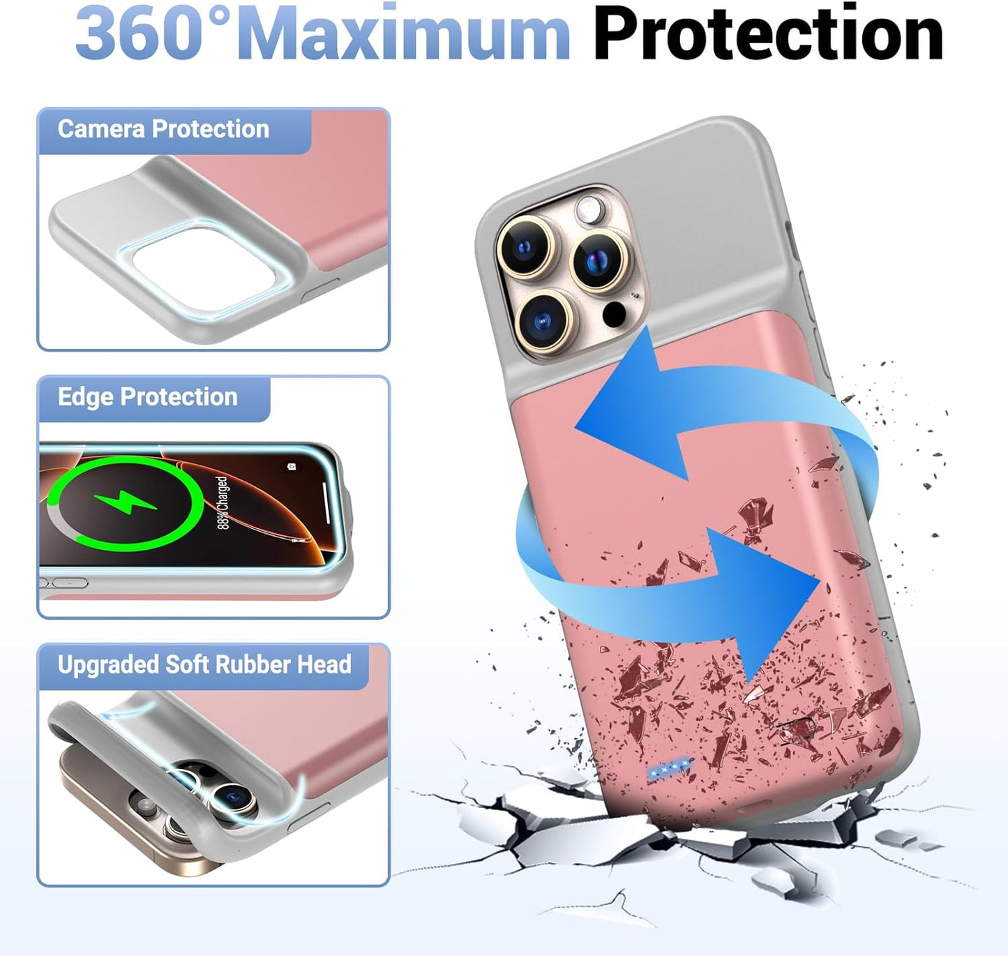 Battery Case for iPhone 16 Pro Max, Ultra-Slim 7000mAh Portable Extended Charging Charger Case [2025 Upgraded] w/Tempered Glass Film for iPhone 16 Pro Max-6.9 inch,Pink