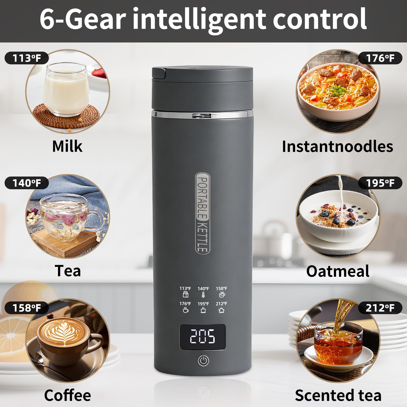 Travel Electric Kettle, LCD Display with 6 Temperature Settings, 304 Stainless Steel, 450ml/15.2oz