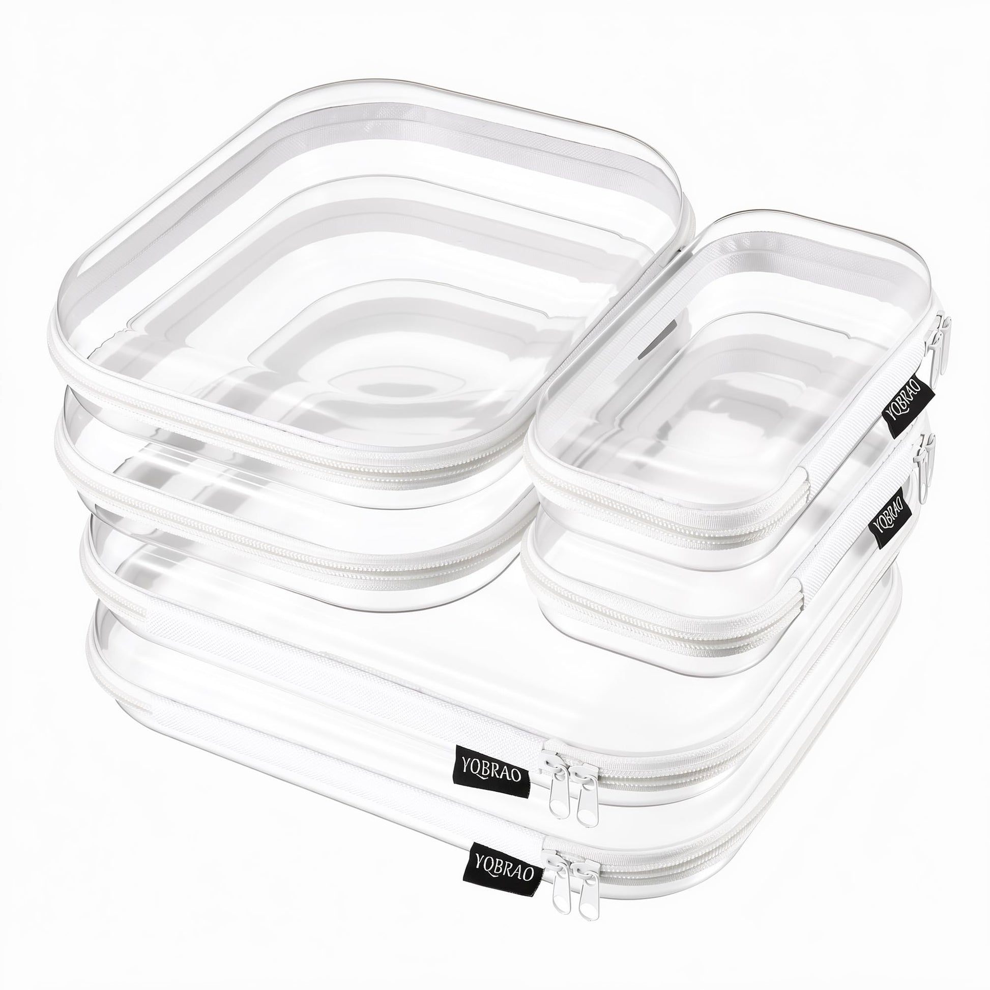 YQBRAO Clear Hard Shell Zipper Cases, 6 Multi-Size Organizers, White