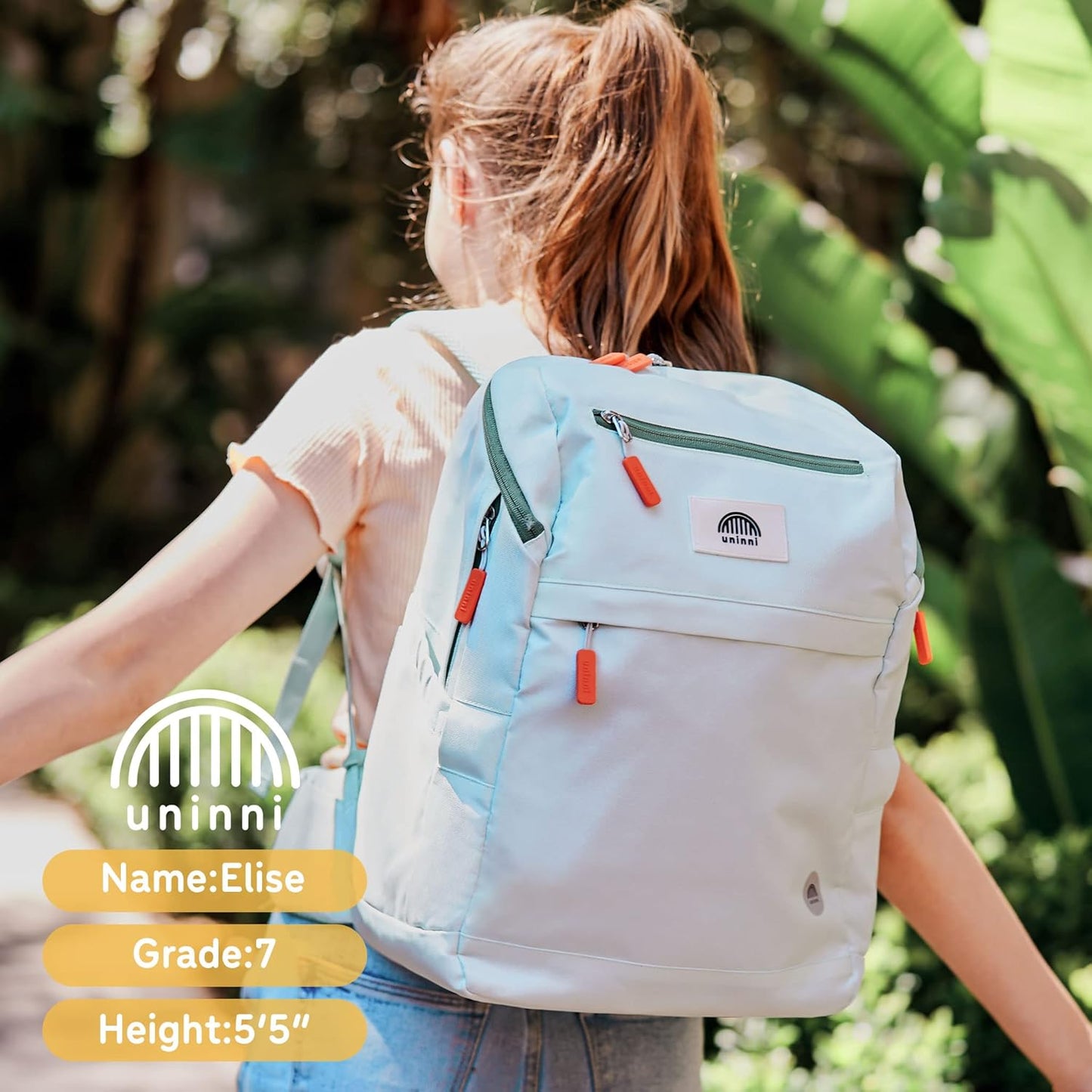 uninni 16" Kid's Backpack for Girls and Boys Age 6+ with Padded, and Adjustable Shoulder Straps. Fits for Height 3'9" Above Kids (Mint)