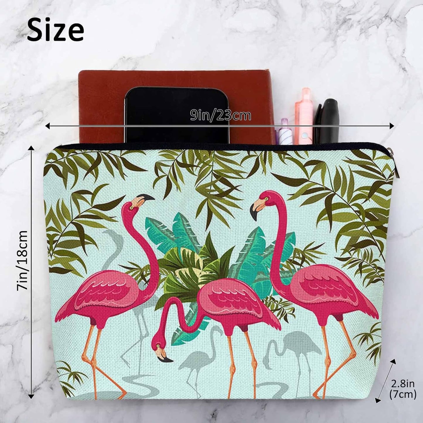 Women Makeup Organizer Bag Flamingo Exotic Flamingo Tropical Palms Flax Cosmetic Bag Makeup Bags Toiletry Bag Accessories Organizer Travel Bags For Home Bathroom Office Hotel Gym Pink Green