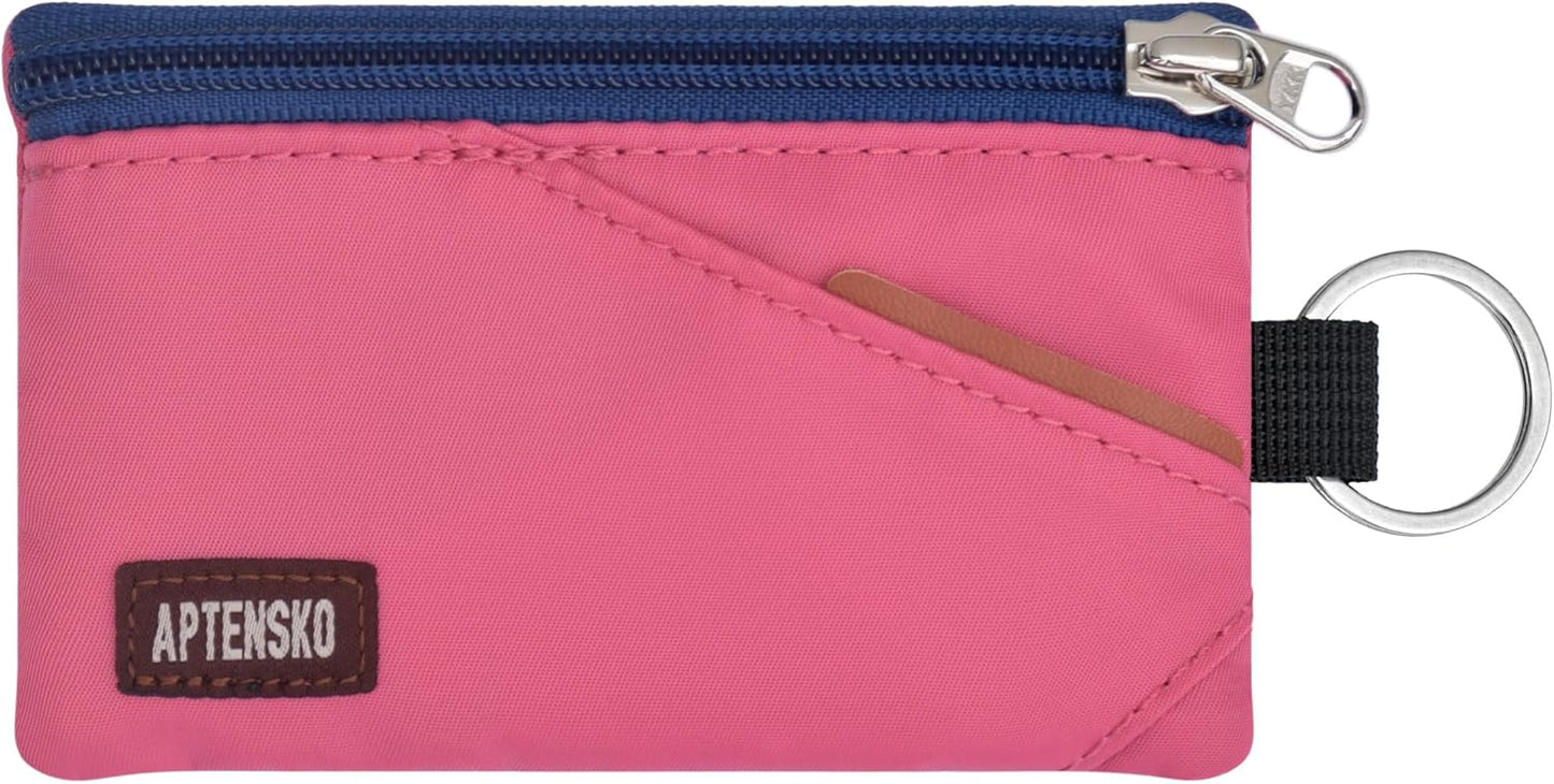 RFID Travel Wallet with Adjustable Lanyard-Zipper Small Wallet with ID Card Holder, Keychain for women&men-Minimalist Slim Waterproof Nylon case for ID, Cash, Key (Rose Pink)